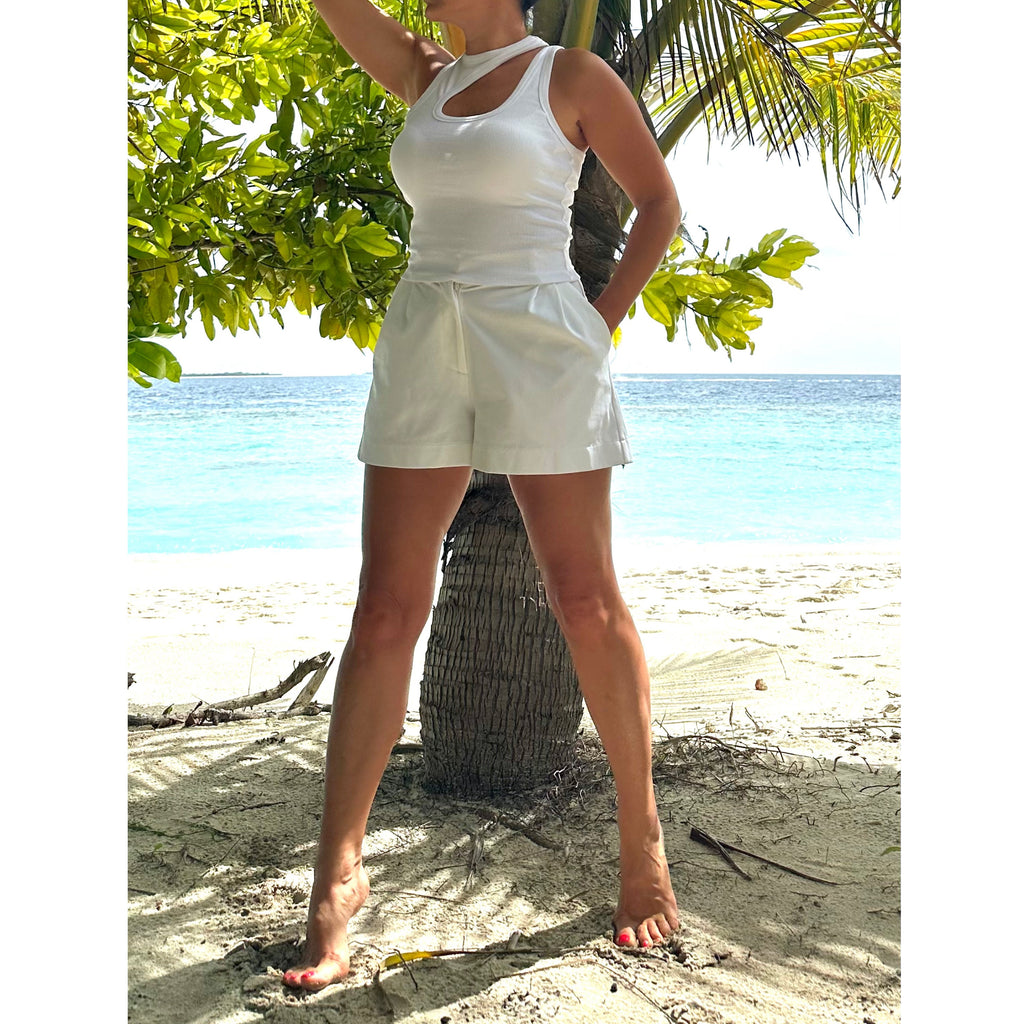 Asymmetric White Cotton Tank Top: Double Strap Sleeveless Beach Wear
