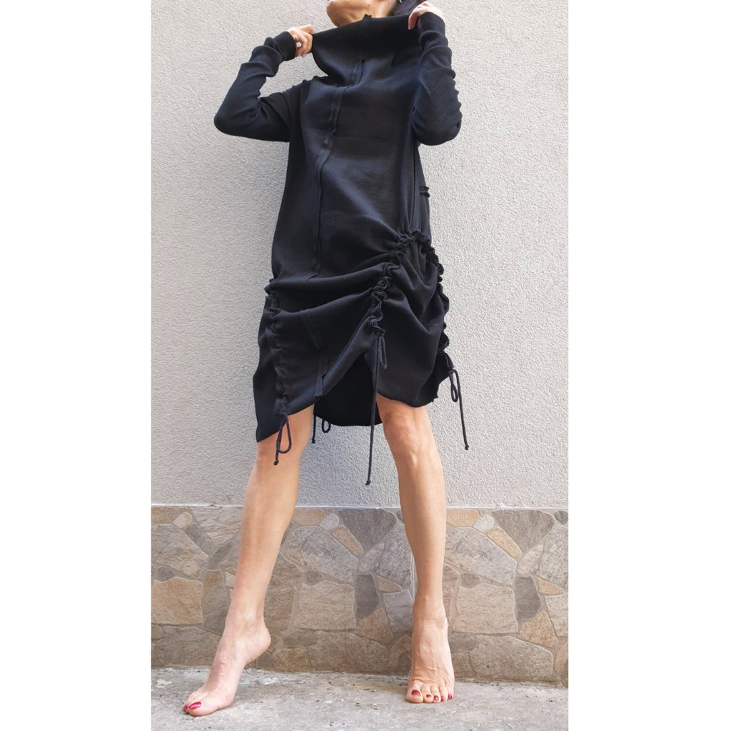Black Asymmetric Tunic Dress – Long Sleeve High Collar Cotton Rib Dress with Adjustable Drawstrings / XS–5XL