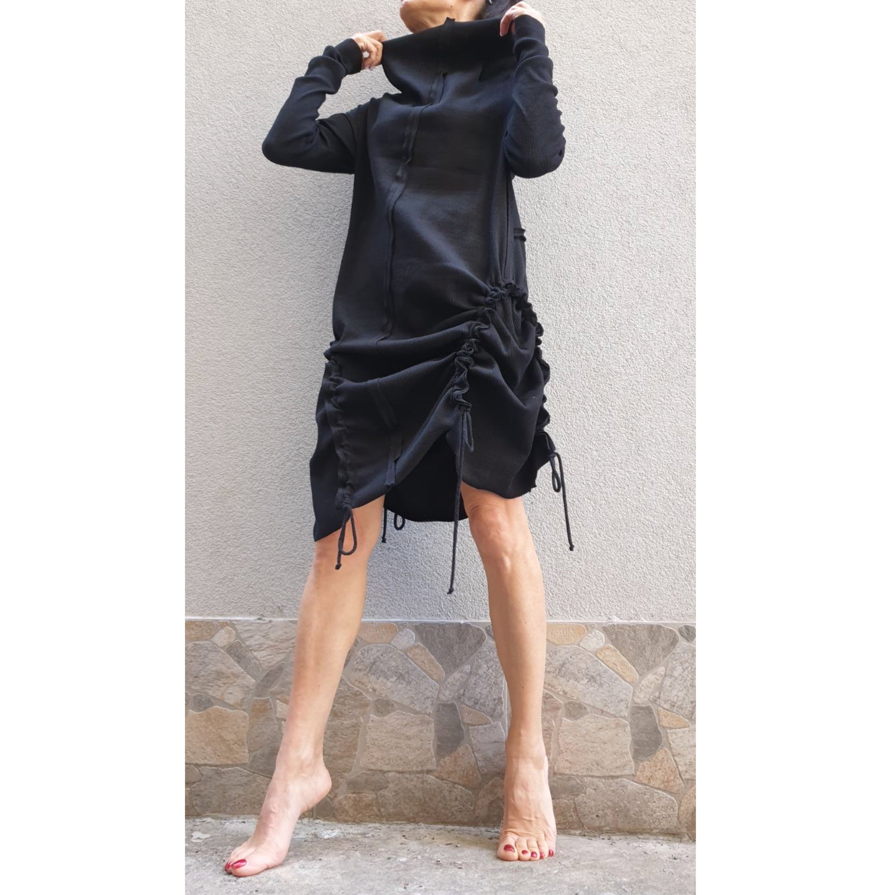 Black Asymmetric Tunic Dress – Long Sleeve High Collar Cotton Rib Dress with Adjustable Drawstrings / XS–5XL