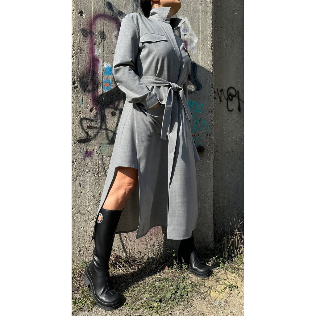 Grey Long Sleeve Shirt Dress: Belted Cotton-Blend Outwear