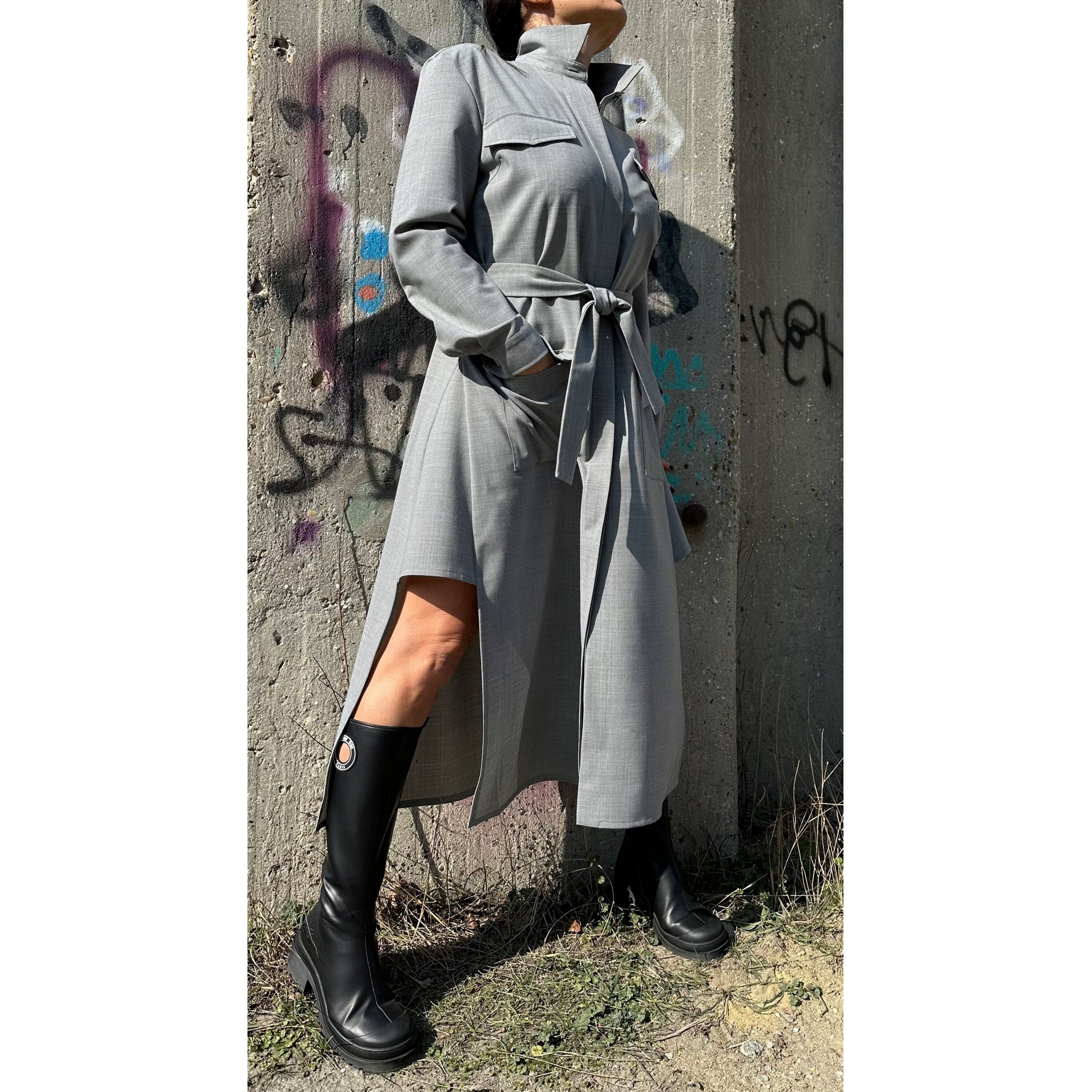 Grey Long Sleeve Shirt Dress: Belted Cotton-Blend Outwear