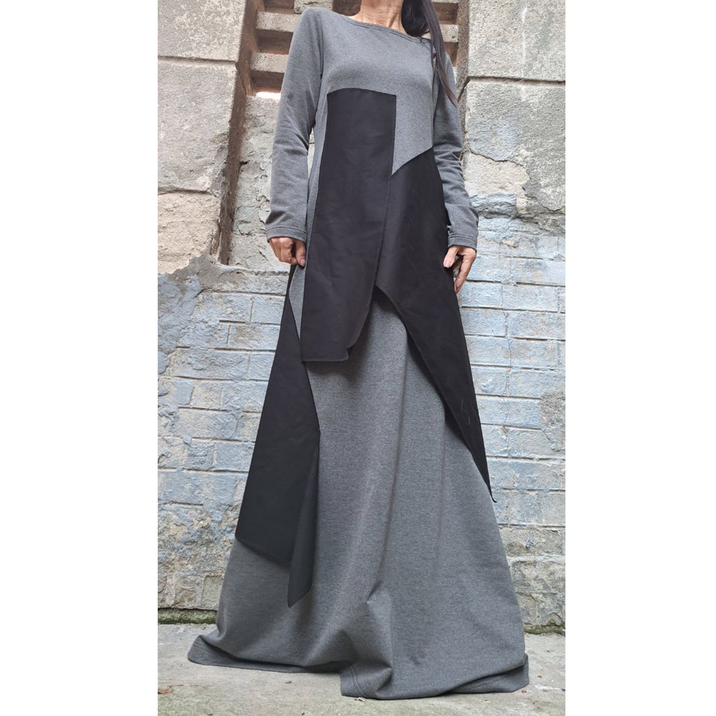 Asymmetrical Maxi Cotton Dress – Long Sleeve Grey Dress with Black Panels / Minimalist A-Line Kaftan / Handmade Casual Loose Dress
