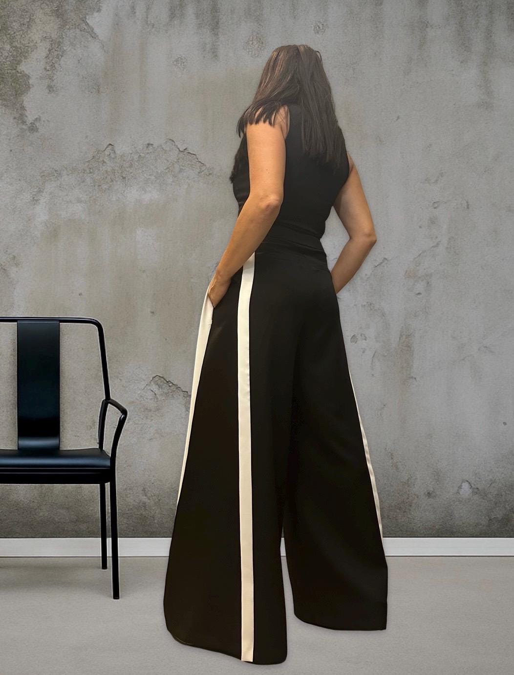 Black Wide Leg Pants for Women – High Waist Trousers with White Side Stripe / Sporty Chic Maxi Pants with Pockets