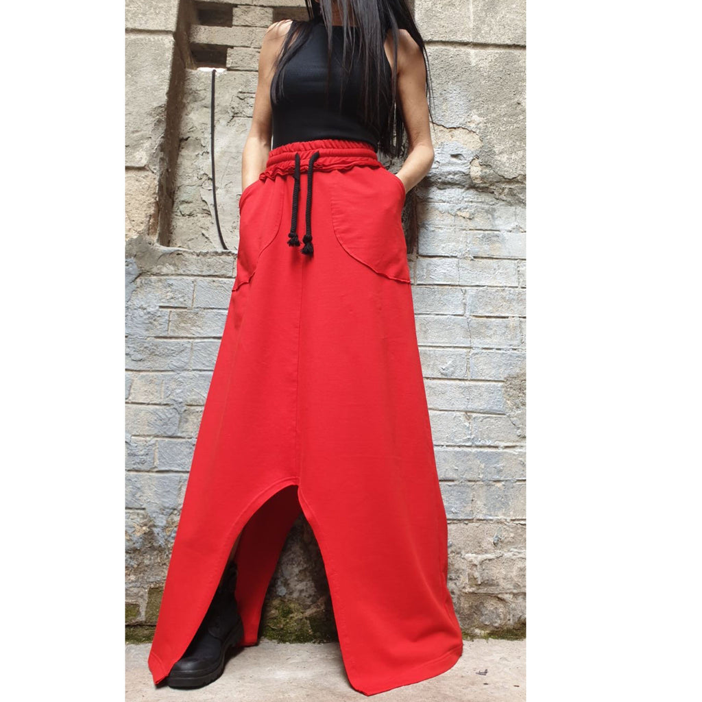 Asymmetrical Red Maxi Skirt / High Waist Cotton Skirt with Pockets / Avant-Garde Style