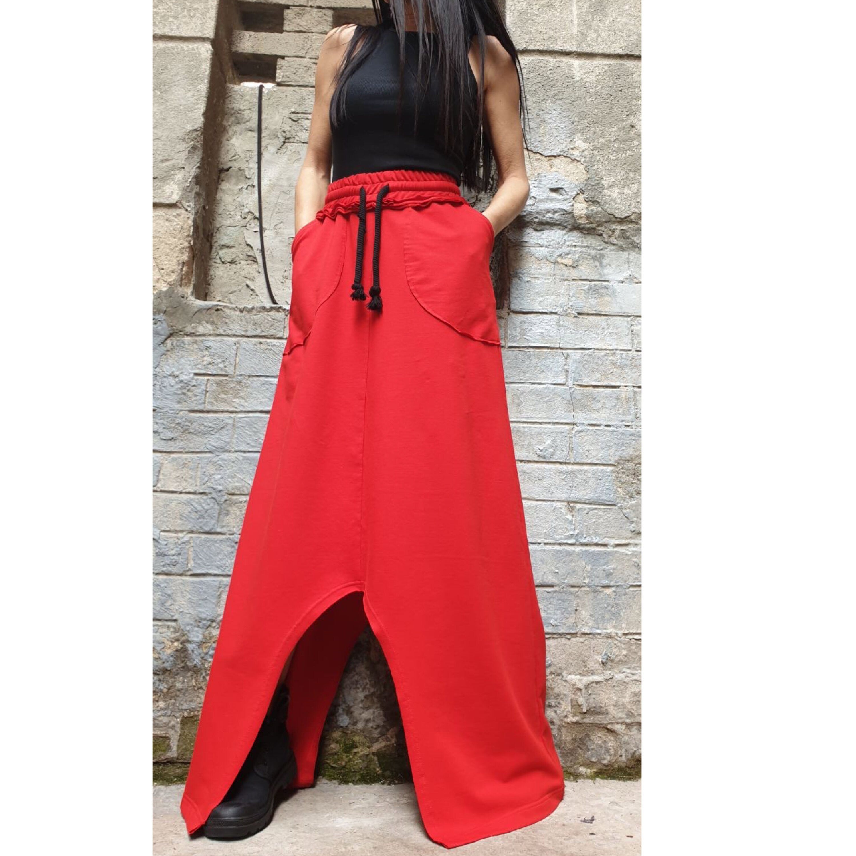 Asymmetrical Red Maxi Skirt / High Waist Cotton Skirt with Pockets / Avant-Garde Style