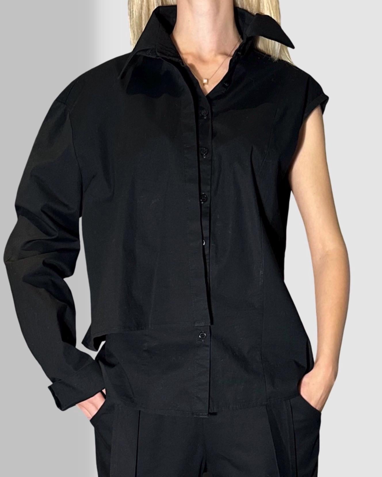 Avant-Garde Black Women’s Shirt / Two-Piece Sleeveless Shirt with Detachable Long Sleeve / Designer Statement Top