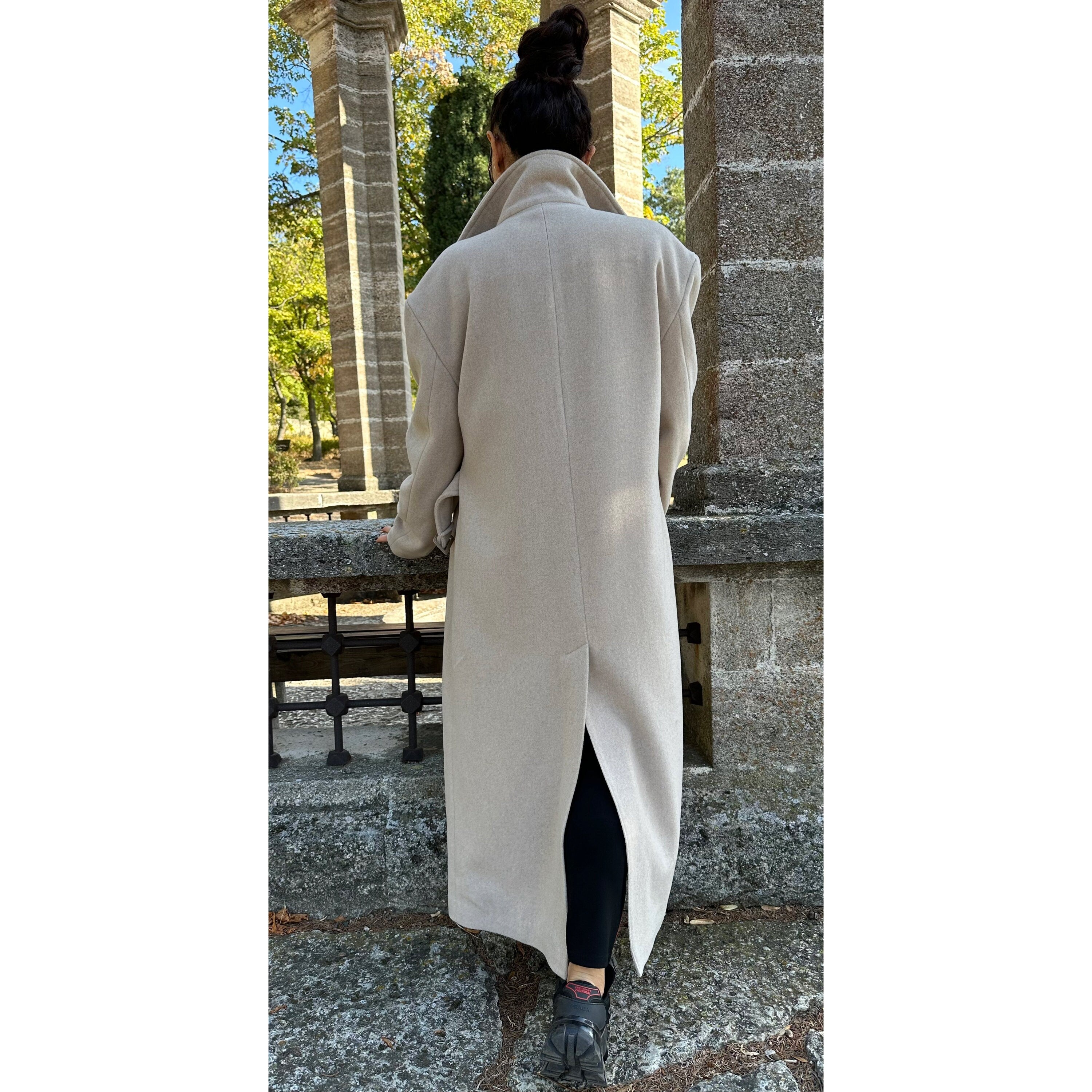 Oversized Wool Coat / Beige Lined Street Style Long Jacket