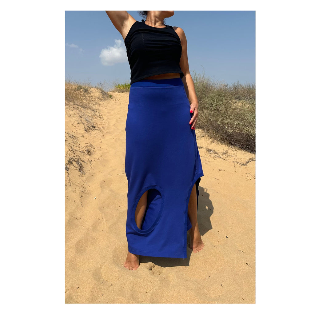 High-Waisted Cotton Skirt – Blue Maxi Skirt with Side Cut-Out and Slit / Handmade Summer Fashion