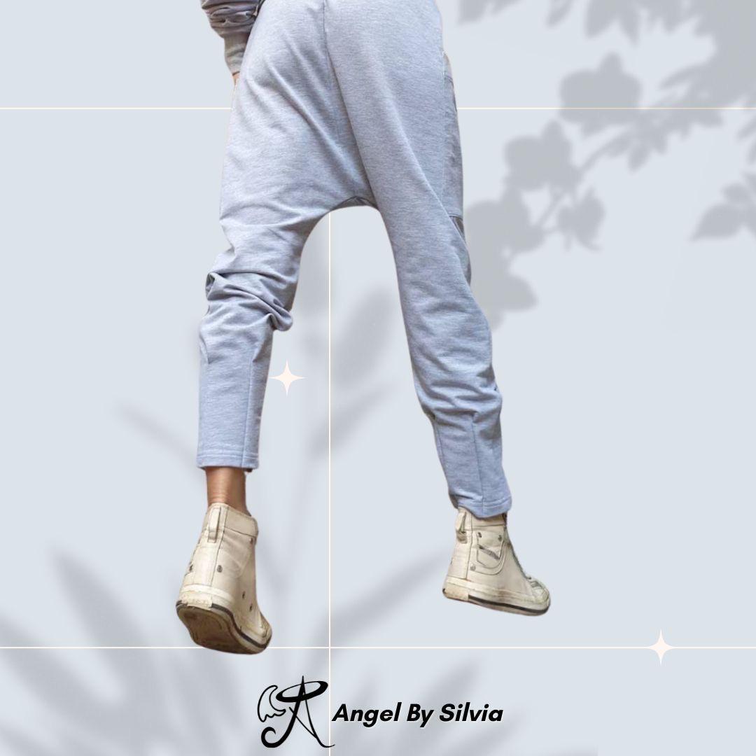 Sporty Grey Harem Pants – Women’s Cotton Jogger with Drop-Crotch & Elastic Waist