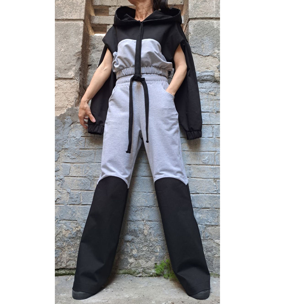 Urban Two-Piece Cotton Set – Cropped Hooded Top & High Waist Pants / Grey and Black Women’s Outfit