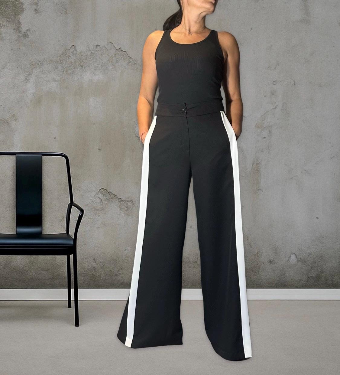 Black Wide Leg Pants for Women – High Waist Trousers with White Side Stripe / Sporty Chic Maxi Pants with Pockets