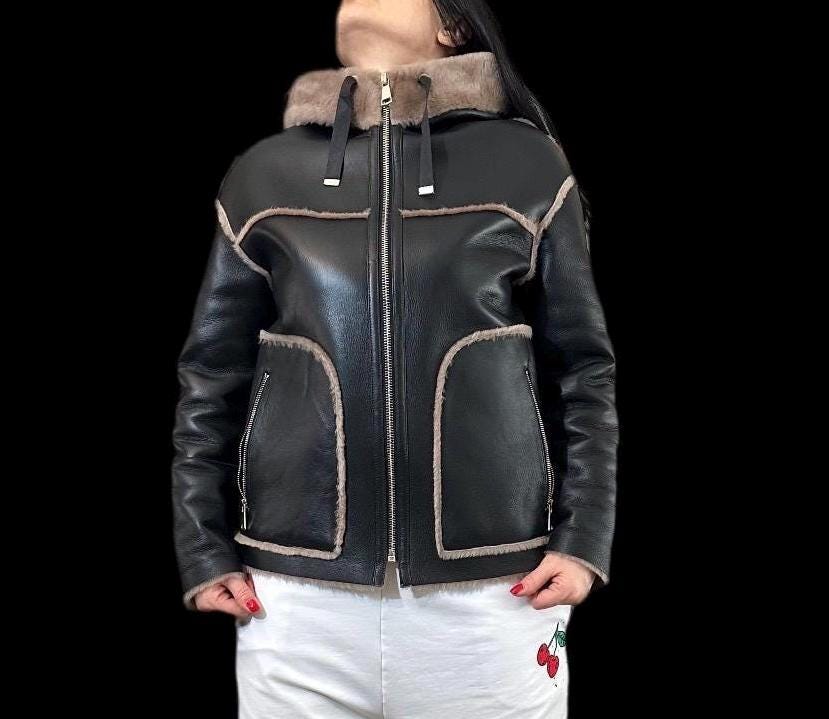 Women’s Hooded Shearling Coat  Dark Brown Lambskin Winter Jacket / Warm Handmade Leather Outerwear