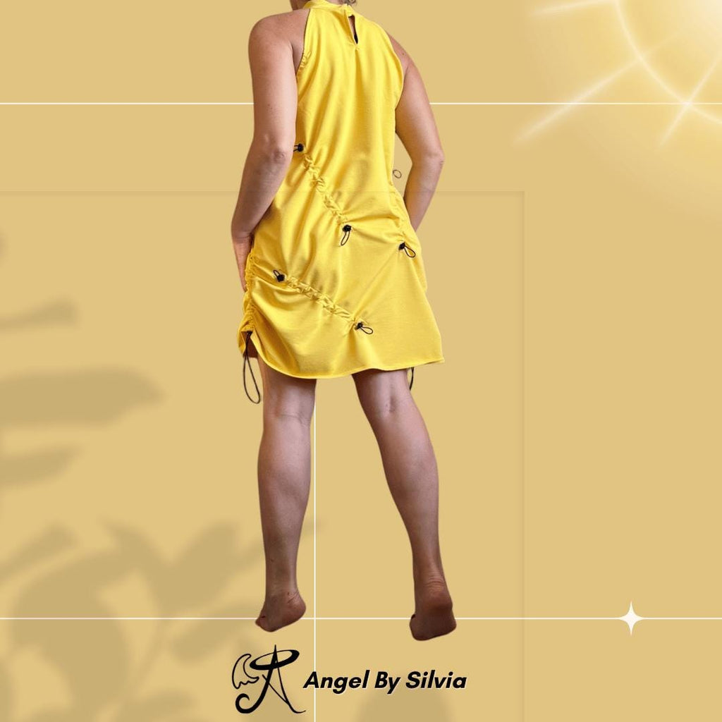 Yellow Drawstring Summer Dress – Sleeveless Halter Style with Adjustable Ruching