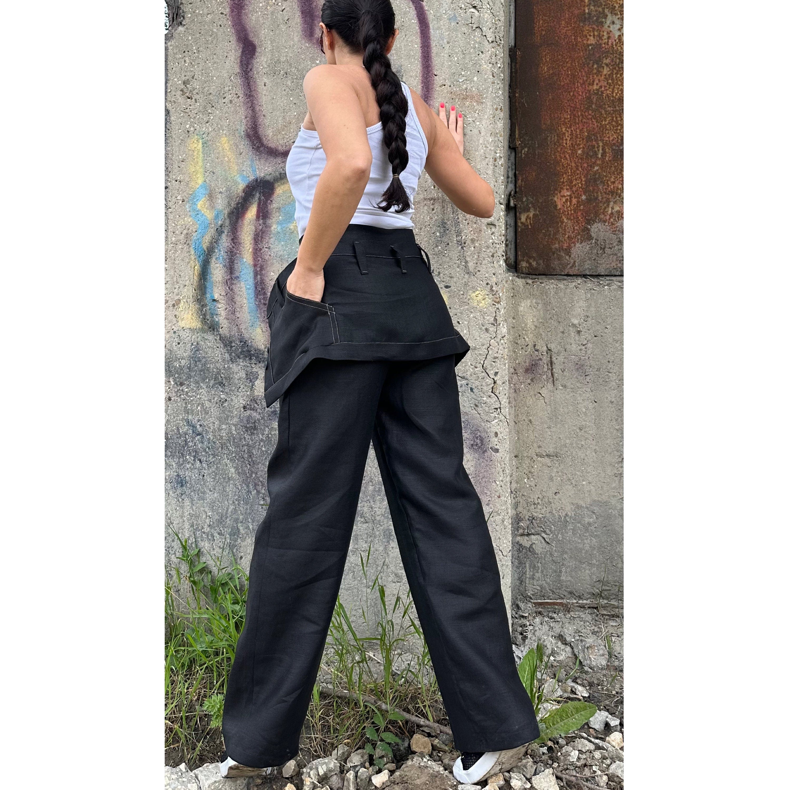 Black Linen High-Waisted Pants with Removable Overlay Skirt – Wide-Leg Trousers with Pockets