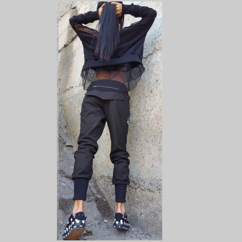 Black Avant-Garde Cotton Pants with Zipper Details / Urban Designer Trousers