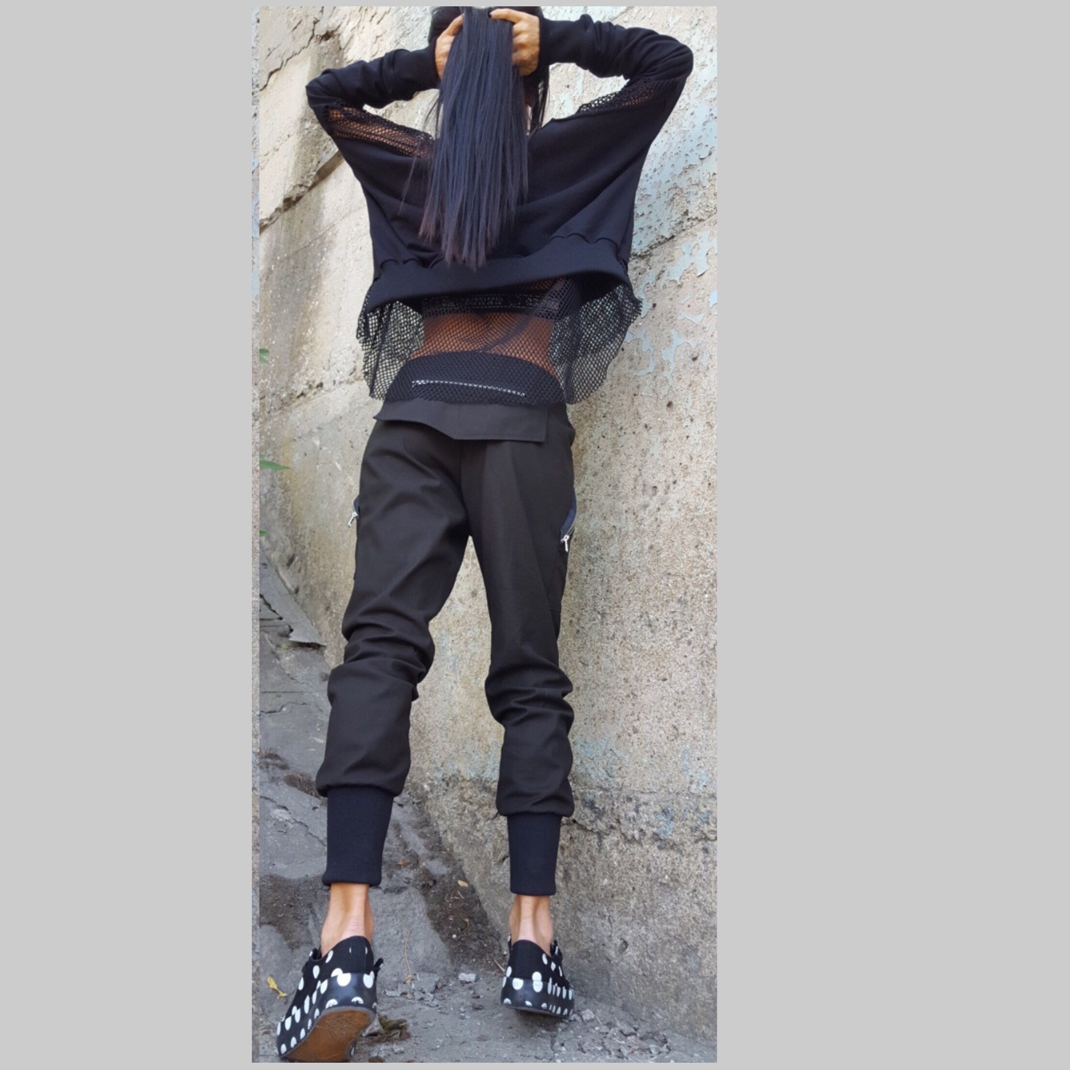 Black Avant-Garde Cotton Pants with Zipper Details / Urban Designer Trousers
