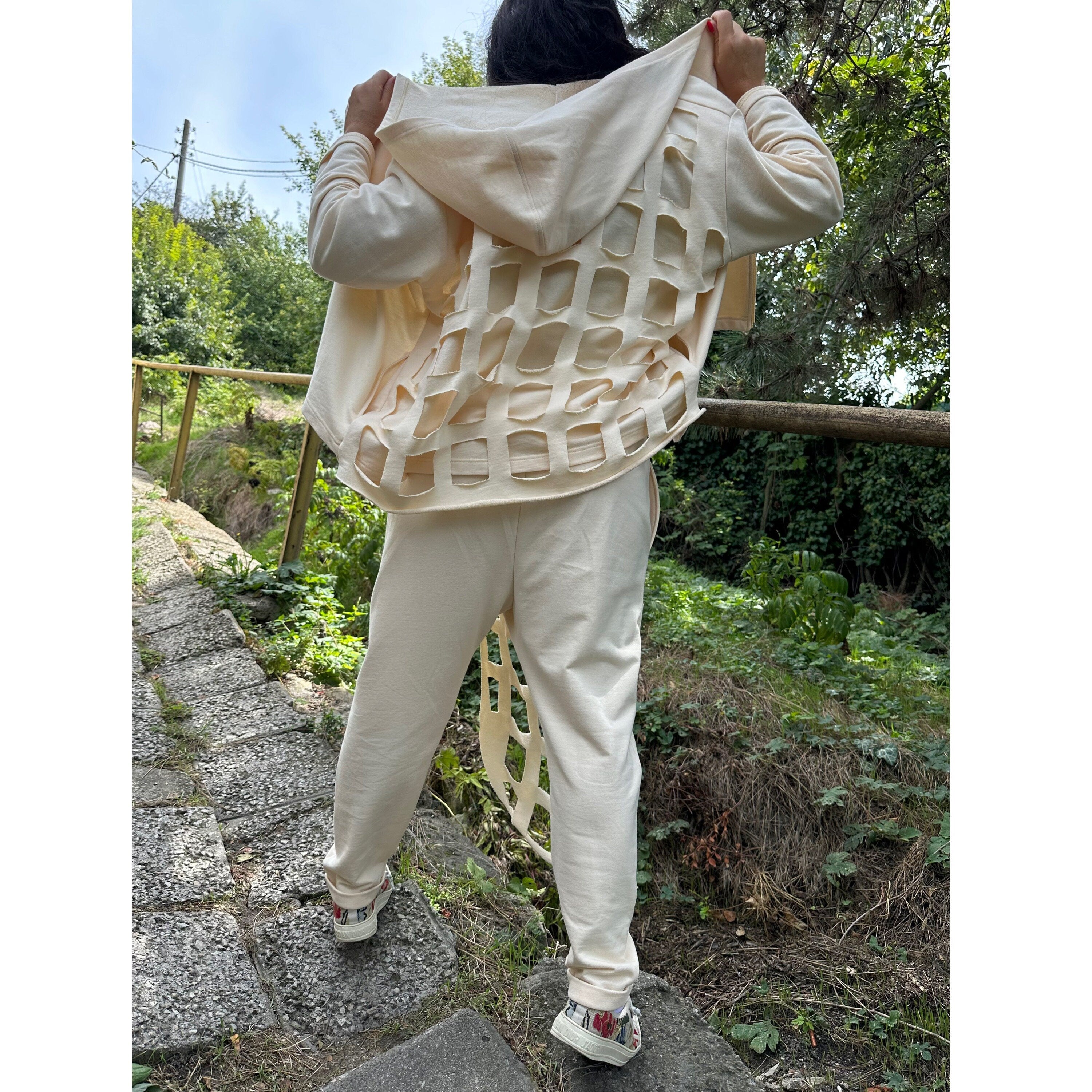 Handmade Cut-Out Hoodie and Pants Set / Designer Loungewear in Cotton-Elastane / Urban Streetwear Outfit