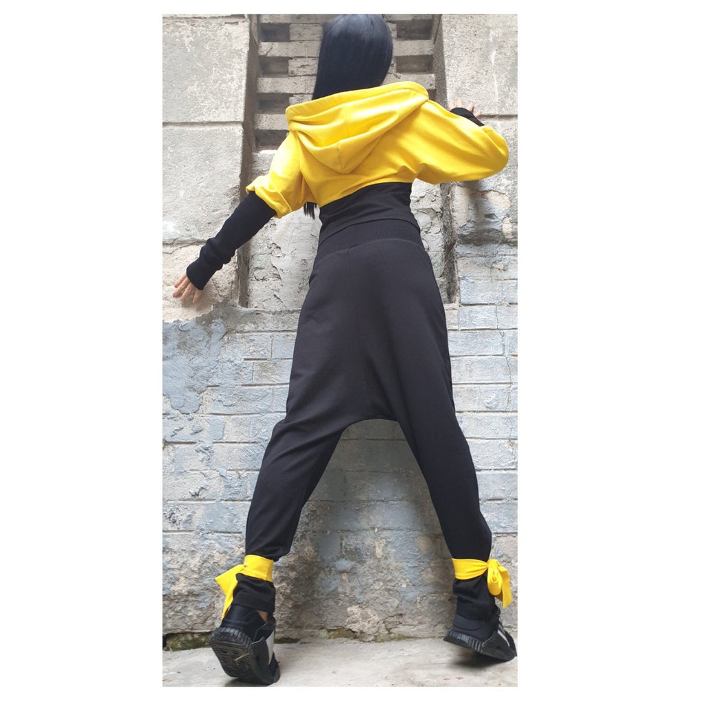 Yellow & Black Cotton Tracksuit – Hooded Crop Jacket / Harem Pants with Pocket