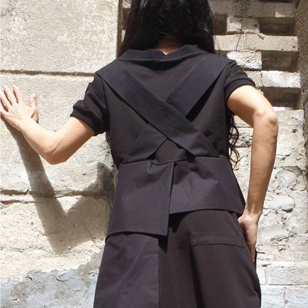 Asymmetric Black Cotton Top with Strap Detail – Avant-Garde Short Sleeve Blouse