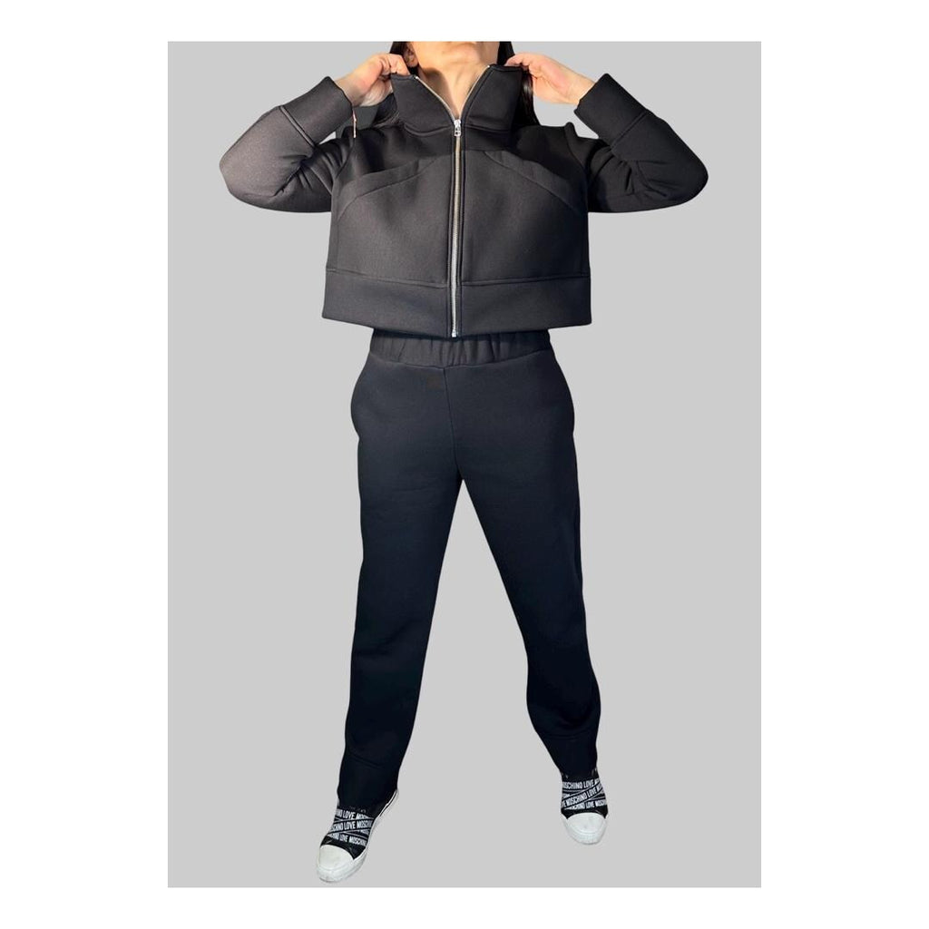 Women’s Two-Piece Tracksuit Set – Black High-Neck Zip Jacket & Jogger Pants / Thick Cotton Blend Loungewear / Minimalist Athleisure Outfit