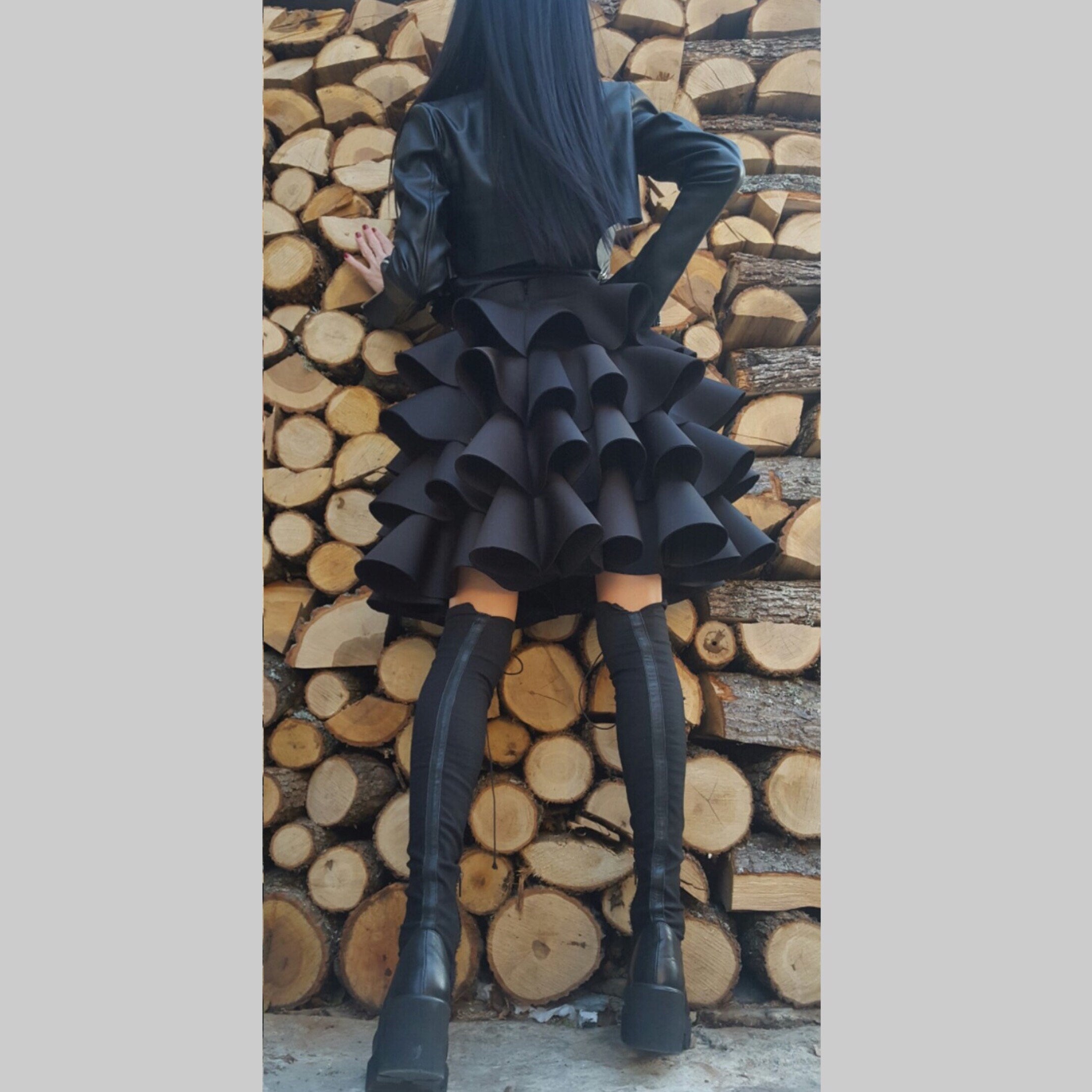 Black Neoprene Layered Skirt – Voluminous Structured Midi Skirt with Ruffles