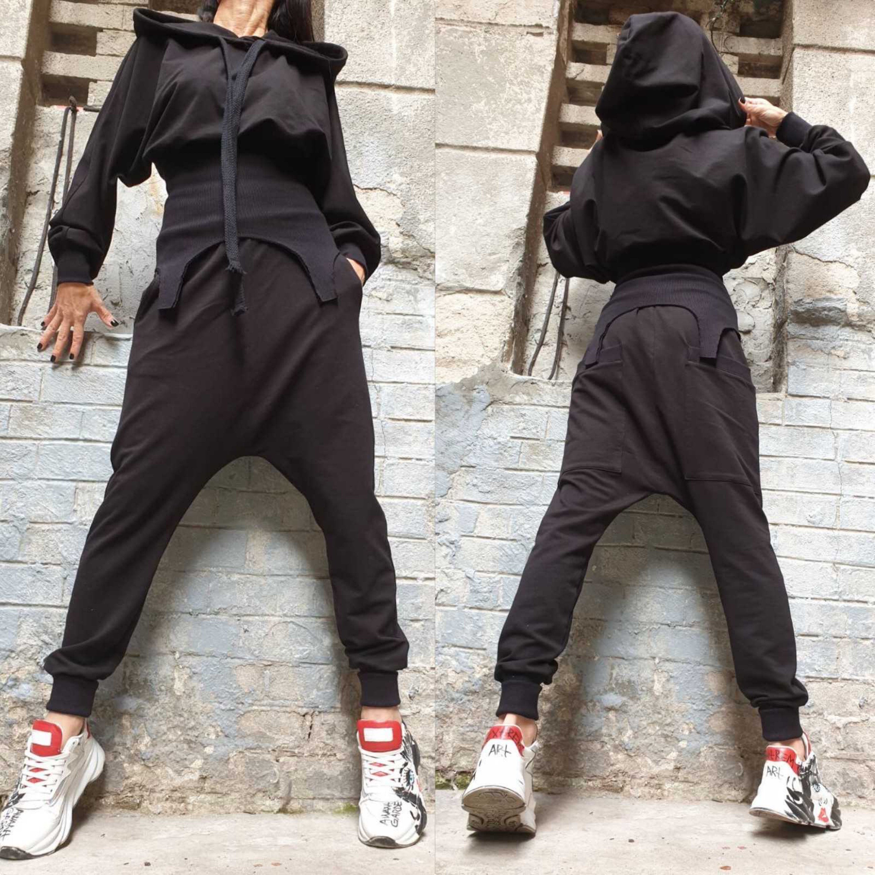 Black Cotton Tracksuit Set – Asymmetric Hoodie with Ribbed Detail & Harem Pants / Two-Piece Fleece Outfit XS–5XL