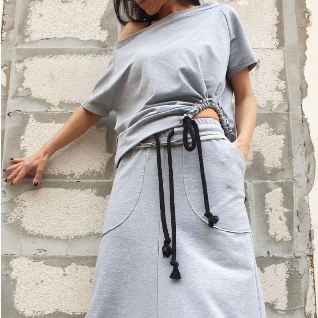 Asymmetric One Shoulder Cotton Blouse with Drawstring / Grey Short Sleeve Top / Urban Casual Designer Shirt