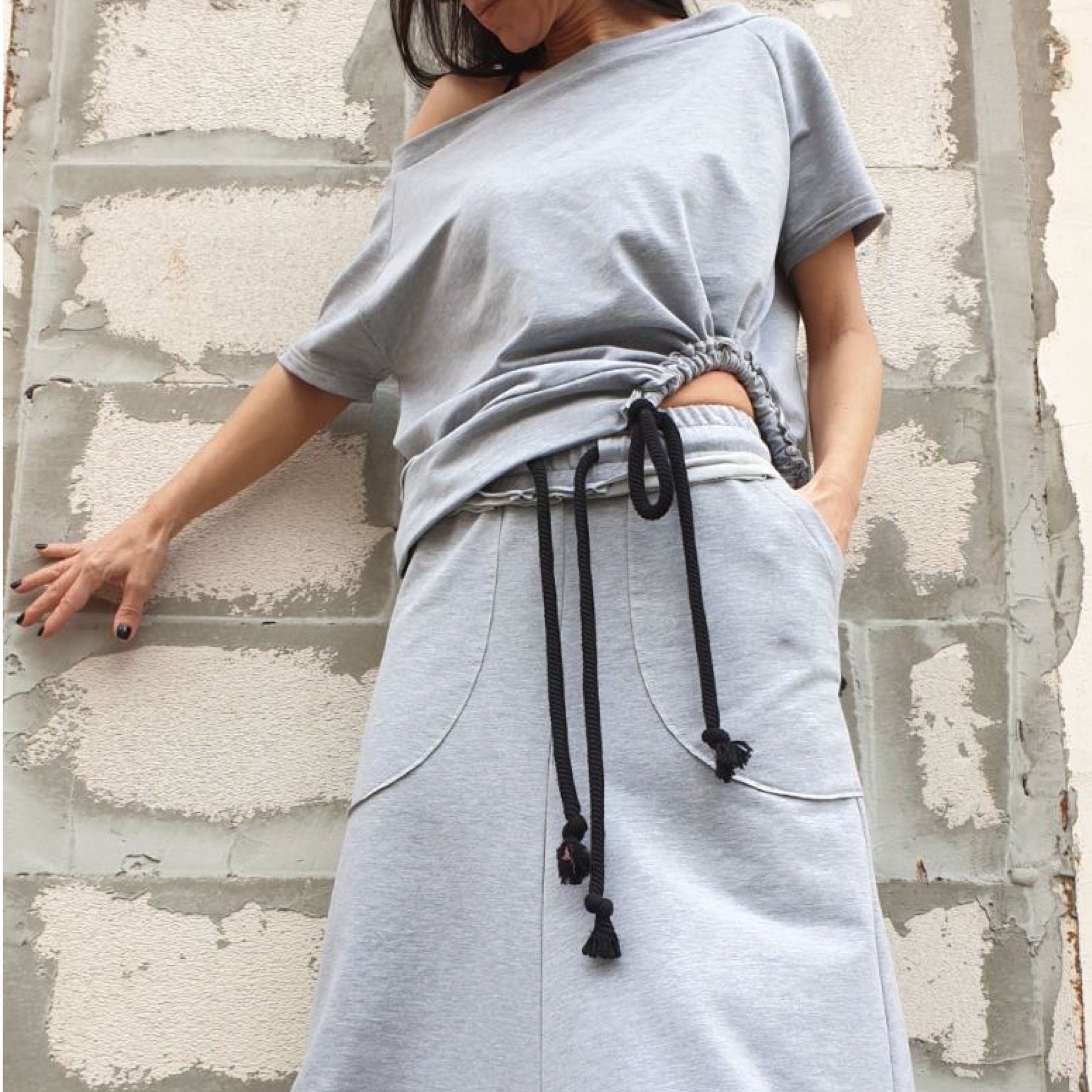 Asymmetric One Shoulder Cotton Blouse with Drawstring / Grey Short Sleeve Top / Urban Casual Designer Shirt