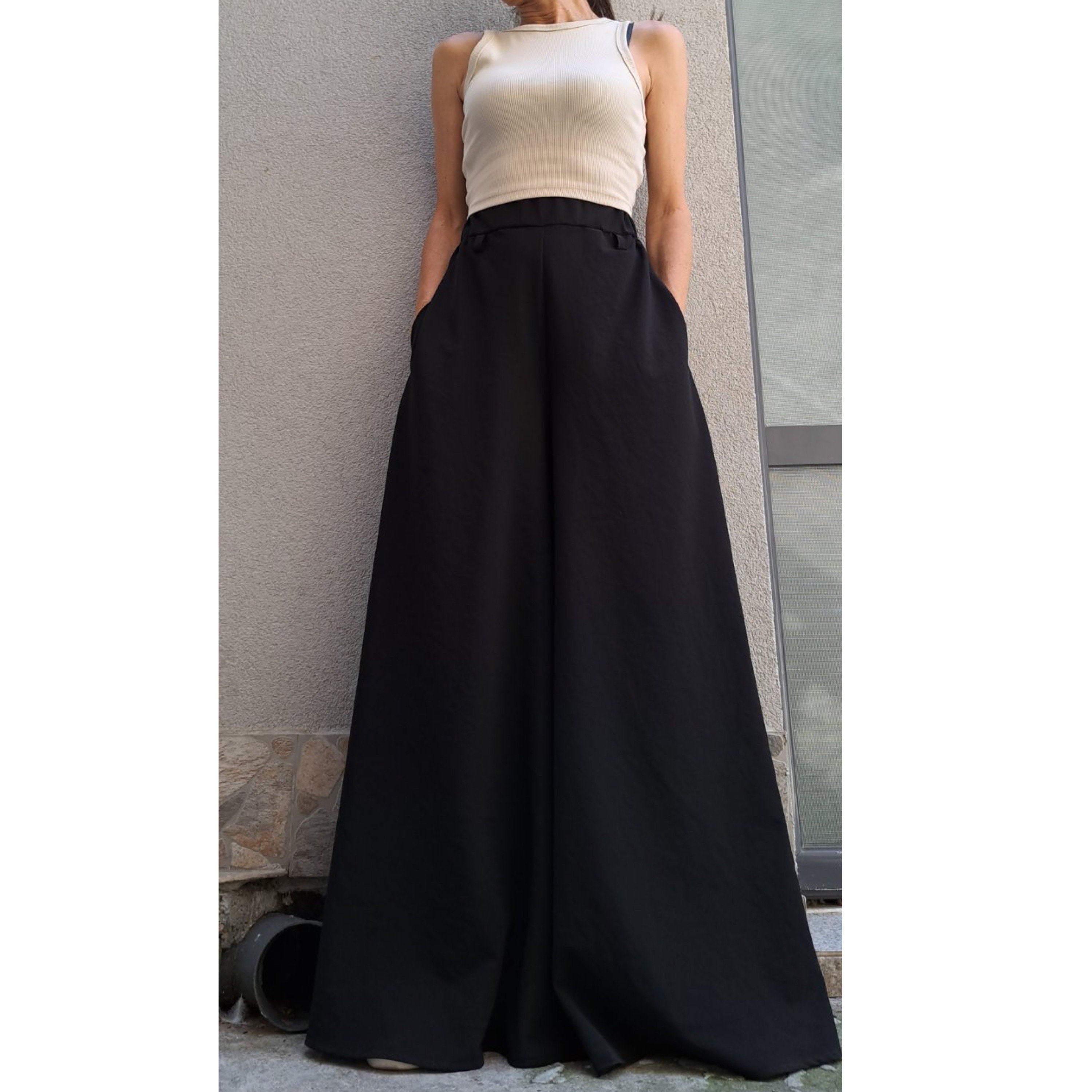 High Waist Wide Leg Pants – Elastic Waistband / Black Trousers with Side Stripe / Women’s Sporty Chic Pants with Pockets