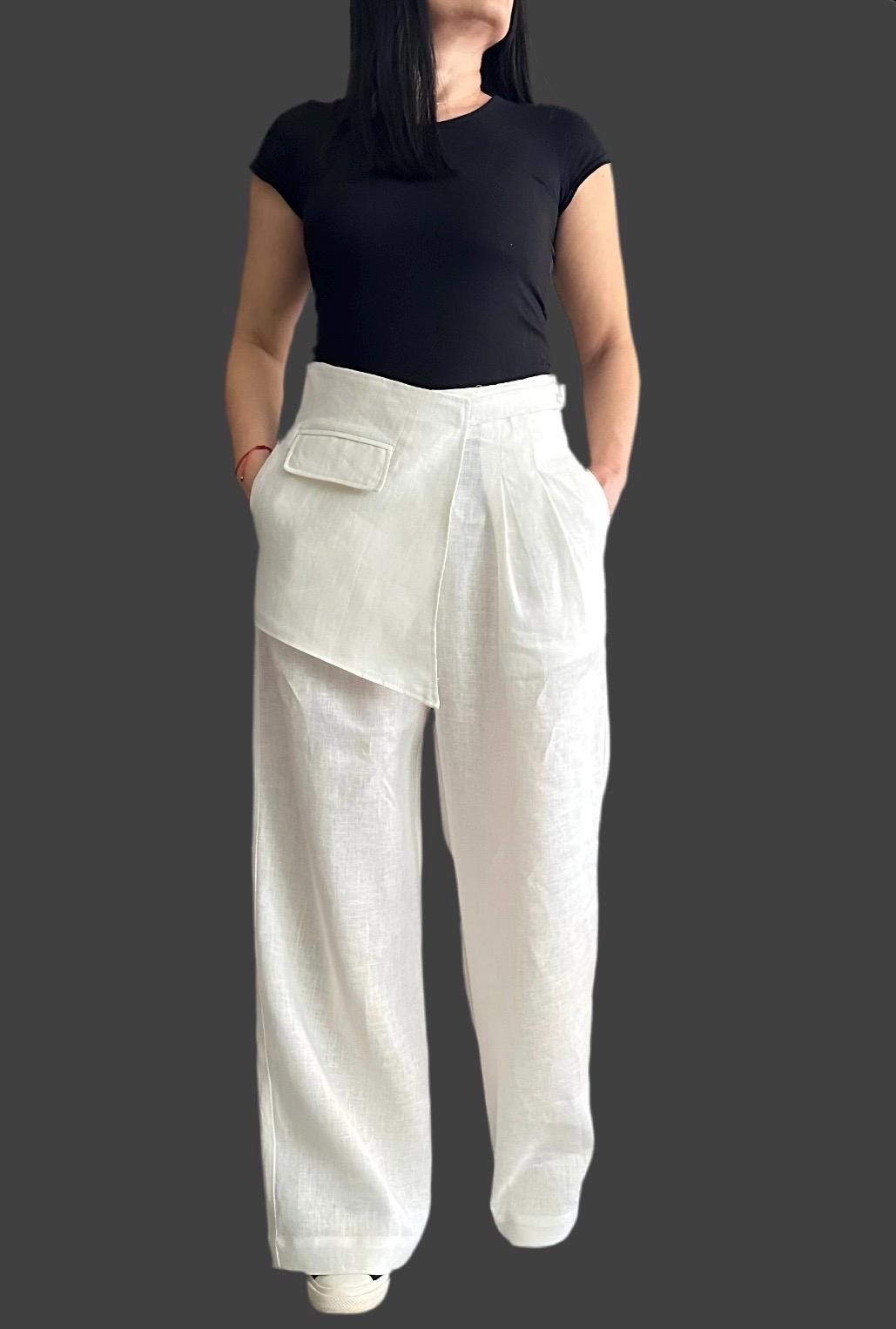 Linen Wide Leg Pants / Asymmetric High Waist Summer Trousers