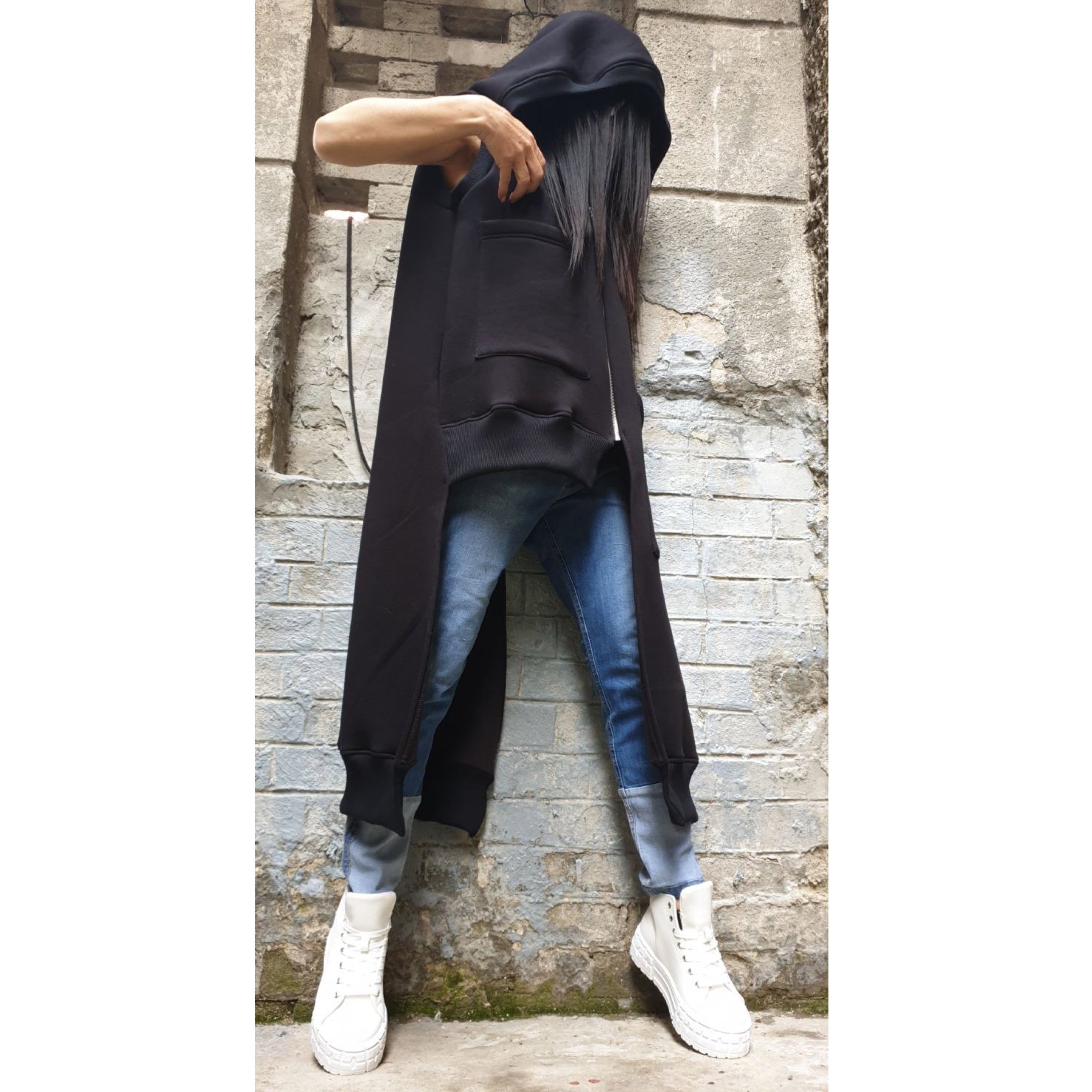 Asymmetric Hooded Vest – Long Sleeveless Fleece Coat with Zipper and Front Pockets