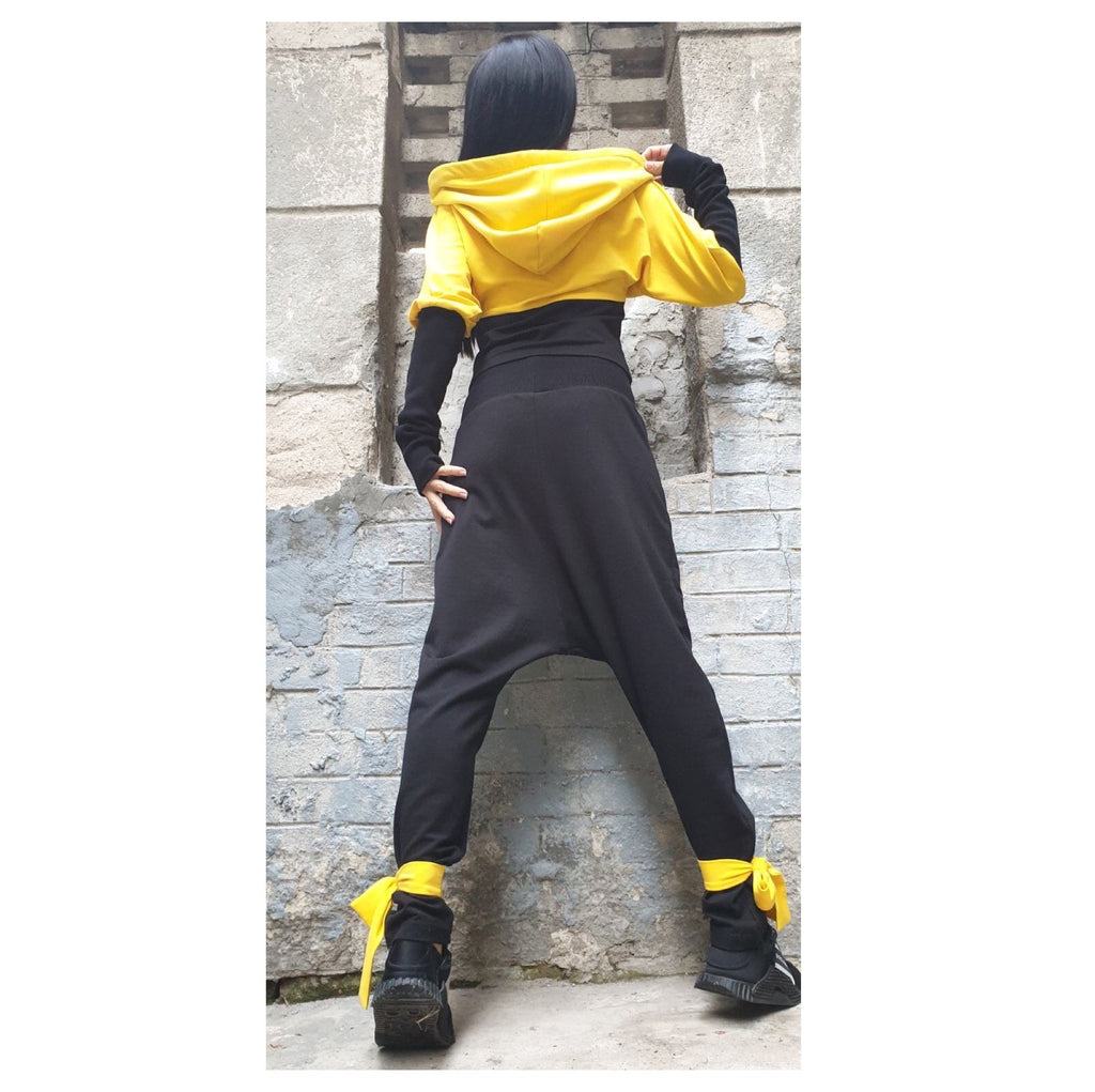 Yellow & Black Cotton Tracksuit – Hooded Crop Jacket / Harem Pants with Pocket