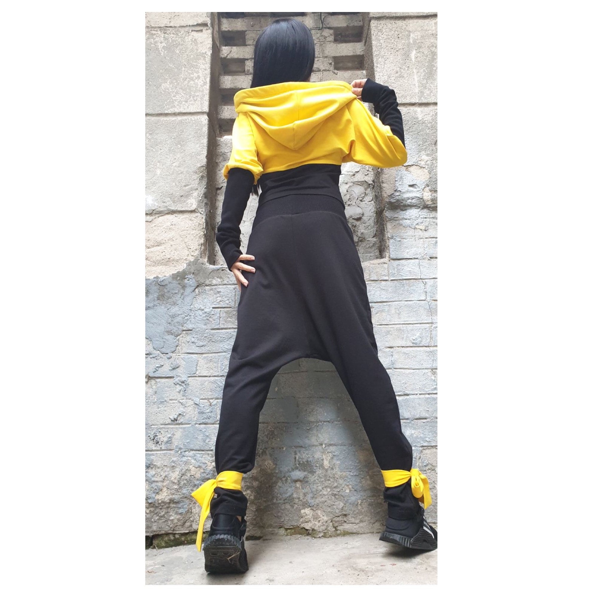 Yellow & Black Cotton Tracksuit – Hooded Crop Jacket / Harem Pants with Pocket