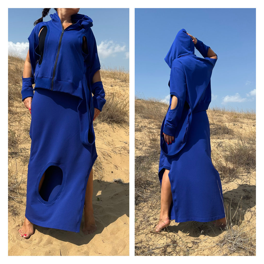Asymmetric Cut-Out Skirt and Hoodie Set / Handmade Cotton Two-Piece Outfit / Avantgarde Streetwear