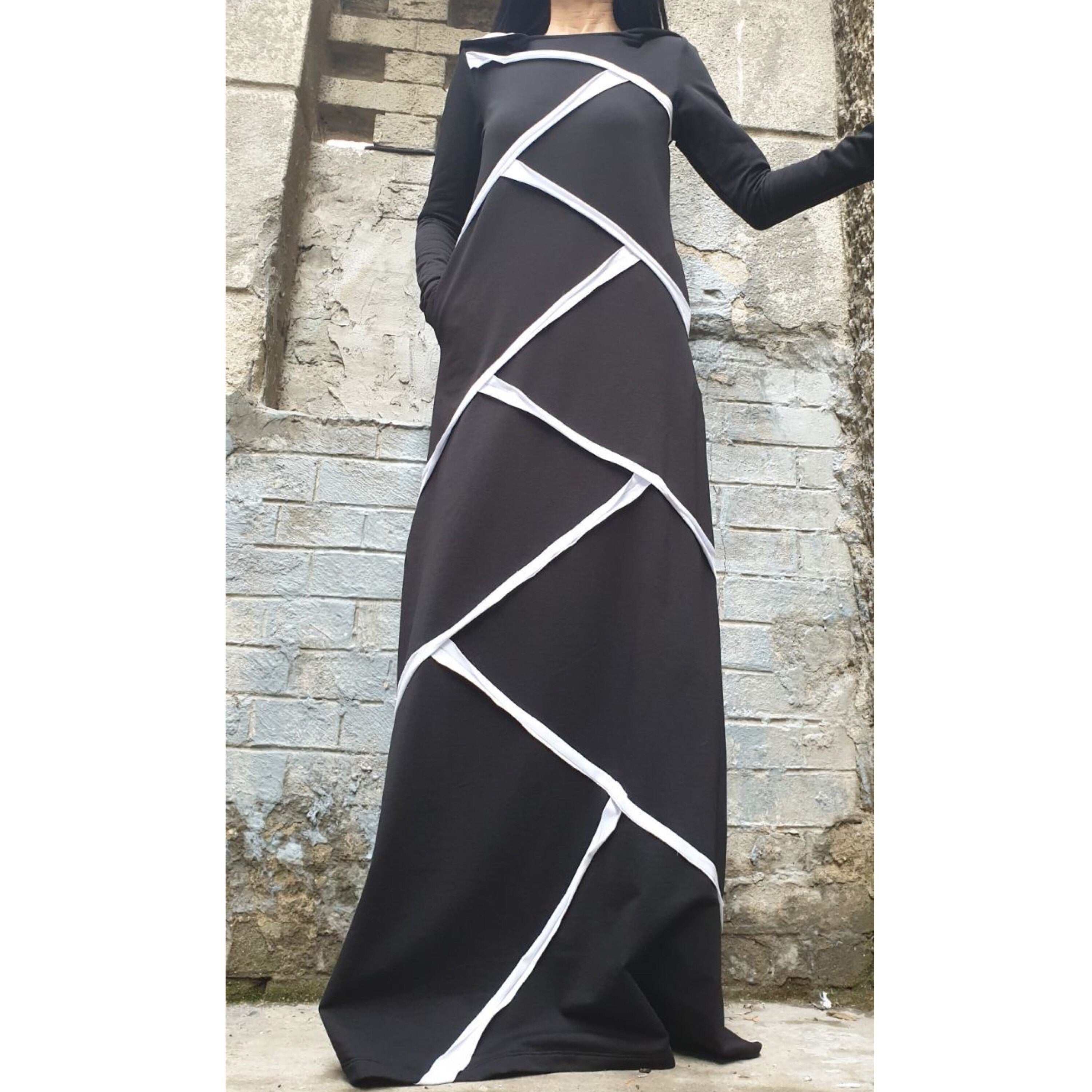 Black Hooded Maxi Dress – Asymmetric Cotton Dress with White Trim / Long Sleeve Avant-Garde Dress with Pockets / Cotton Blend Fleece  XS–5X