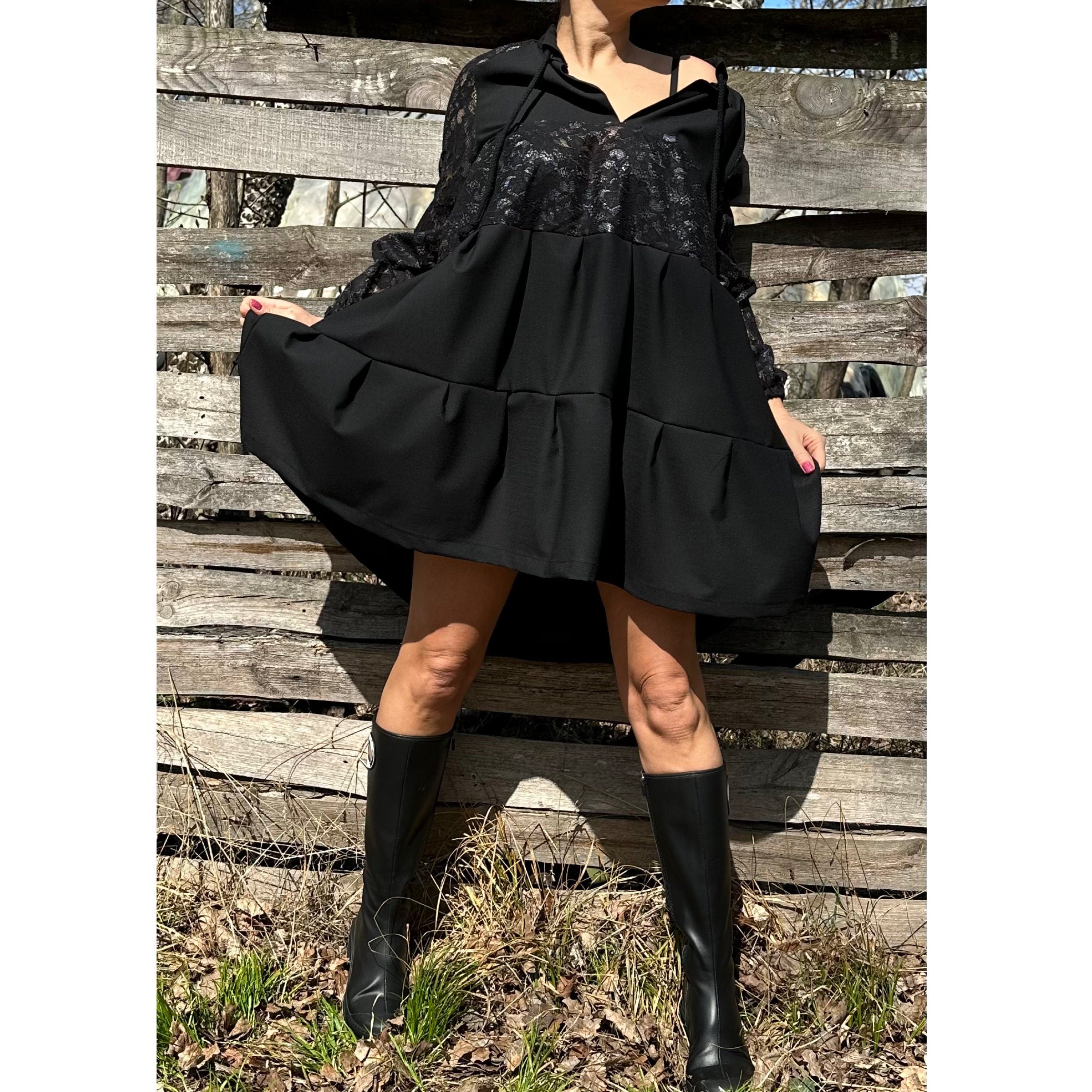 Black Tunic with Lace and Cotton – Long Sleeve Tiered Design / Boho Chic Handmade Dress