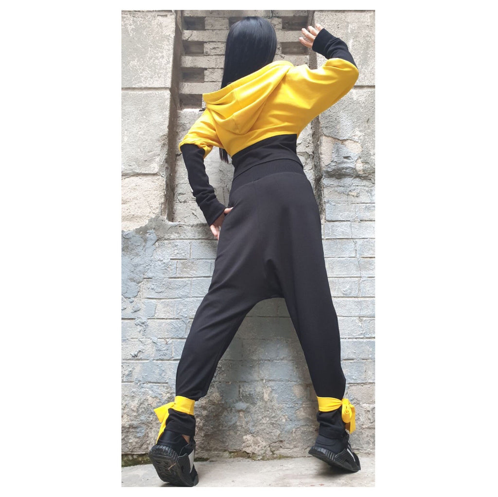 Yellow & Black Cotton Tracksuit – Hooded Crop Jacket / Harem Pants with Pocket