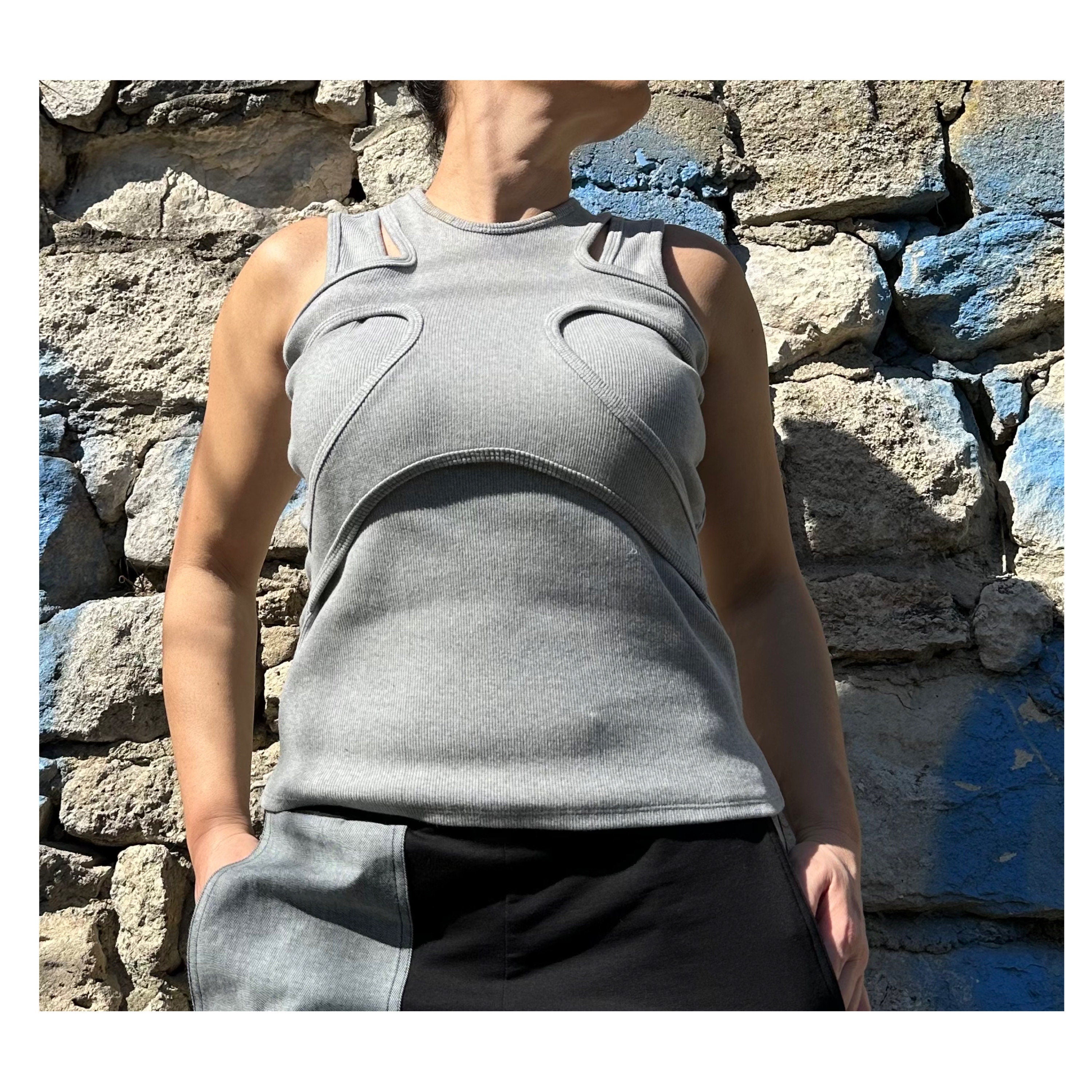Grey Asymmetric Cotton Tank Top: Extravagant Sleeveless Blouse