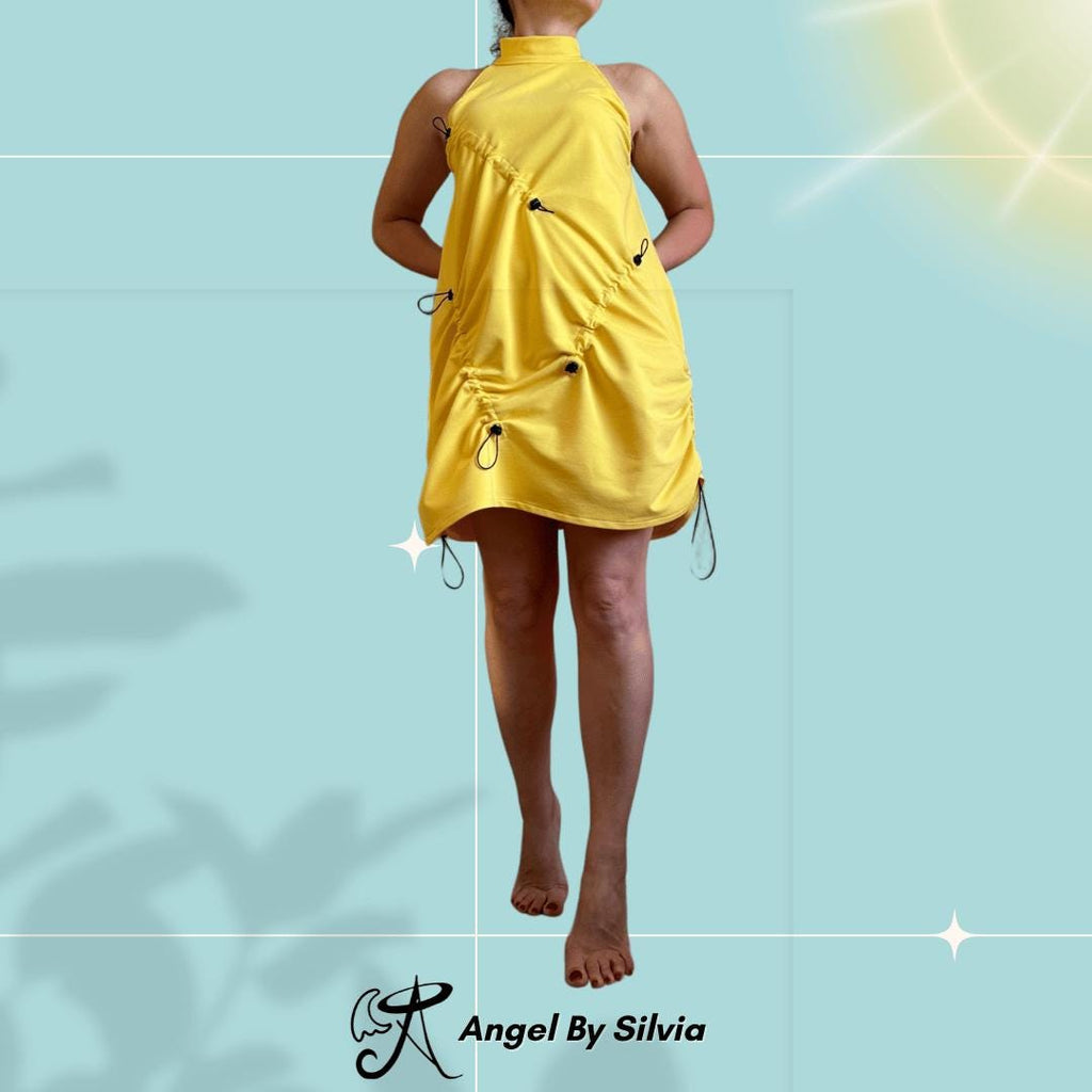 Yellow Drawstring Summer Dress – Sleeveless Halter Style with Adjustable Ruching