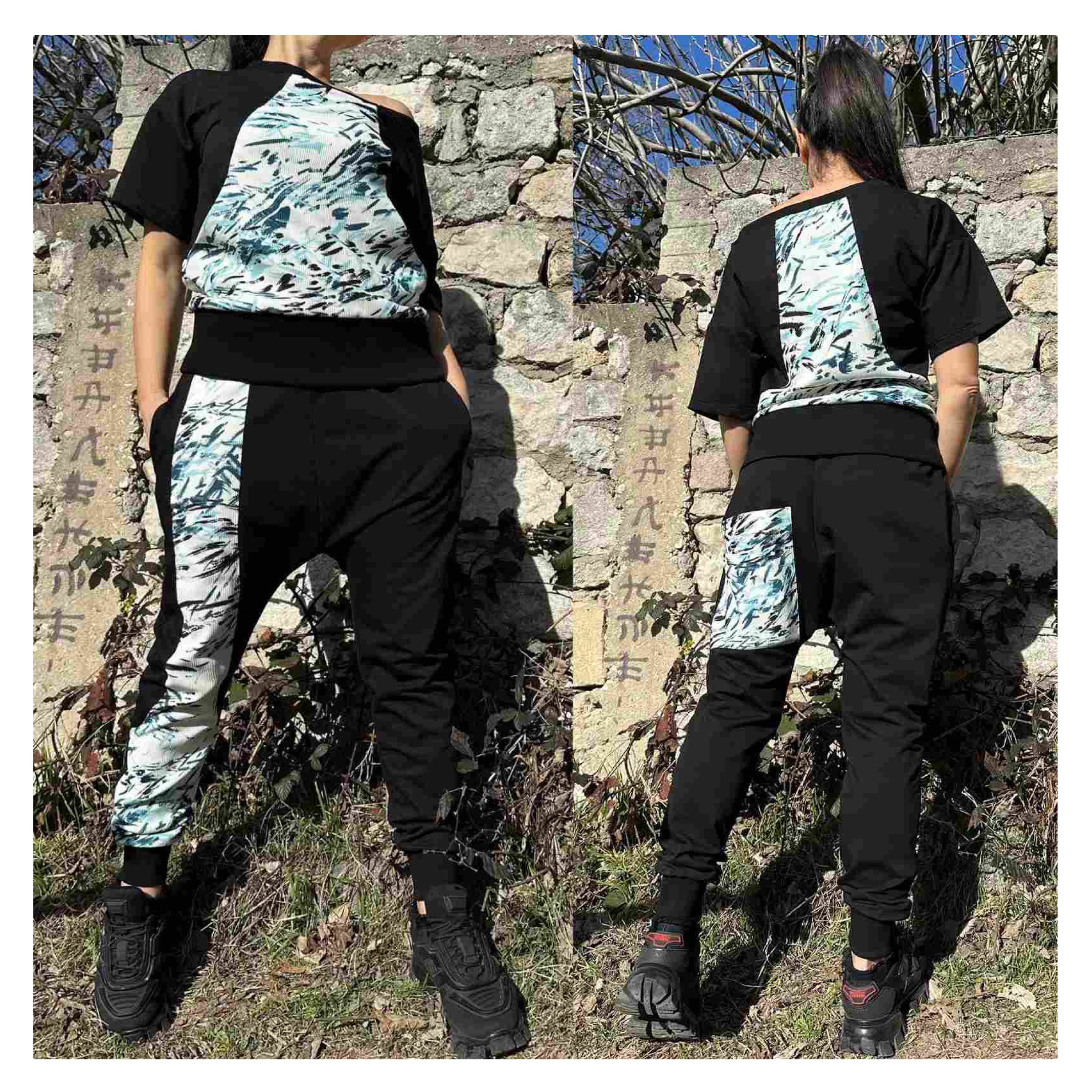 Streetwear Cotton Tracksuit – Handmade Jogger Pants and Short Sleeve Top with Neoprene Patches