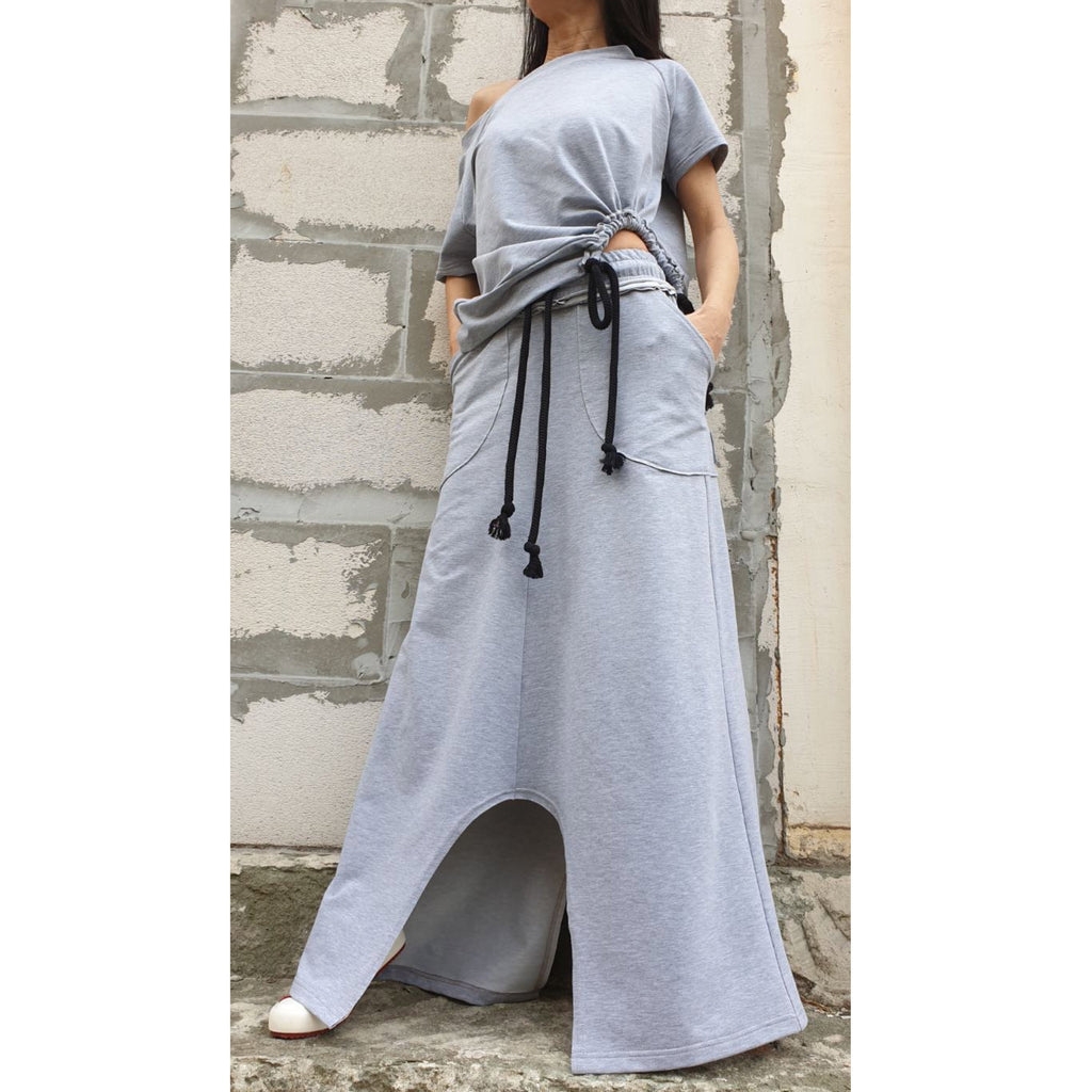 Asymmetric Cotton Set – High Waist Skirt and Tie Detail Top / Avant-Garde Casual Outfit