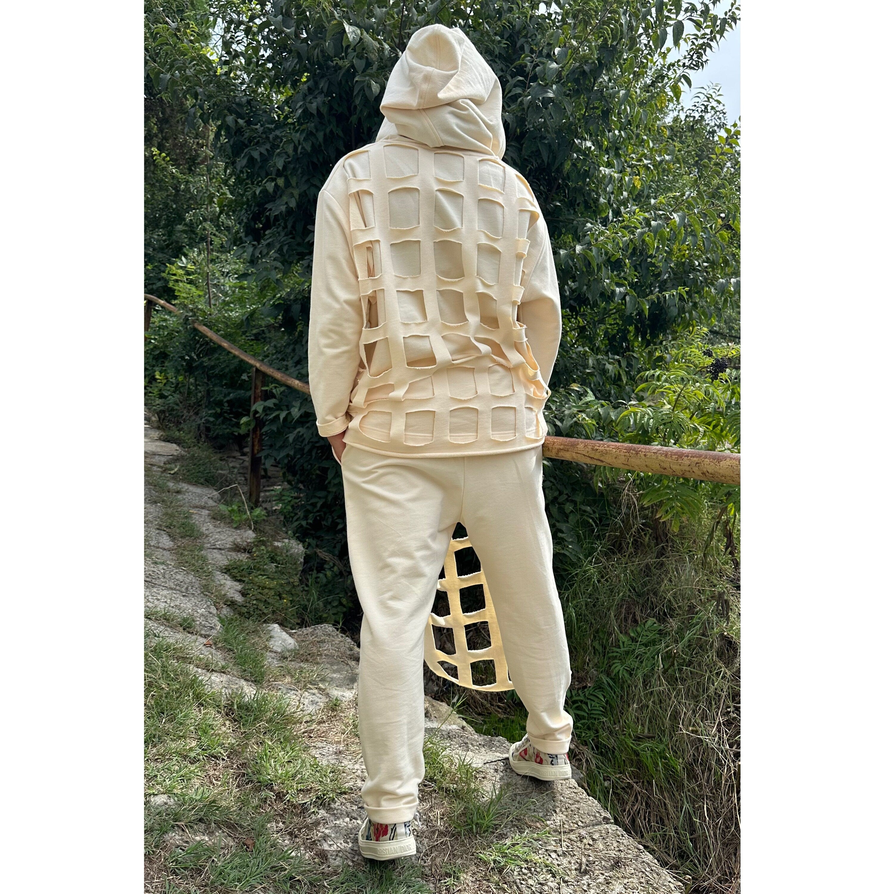 Handmade Cut-Out Hoodie and Pants Set / Designer Loungewear in Cotton-Elastane / Urban Streetwear Outfit