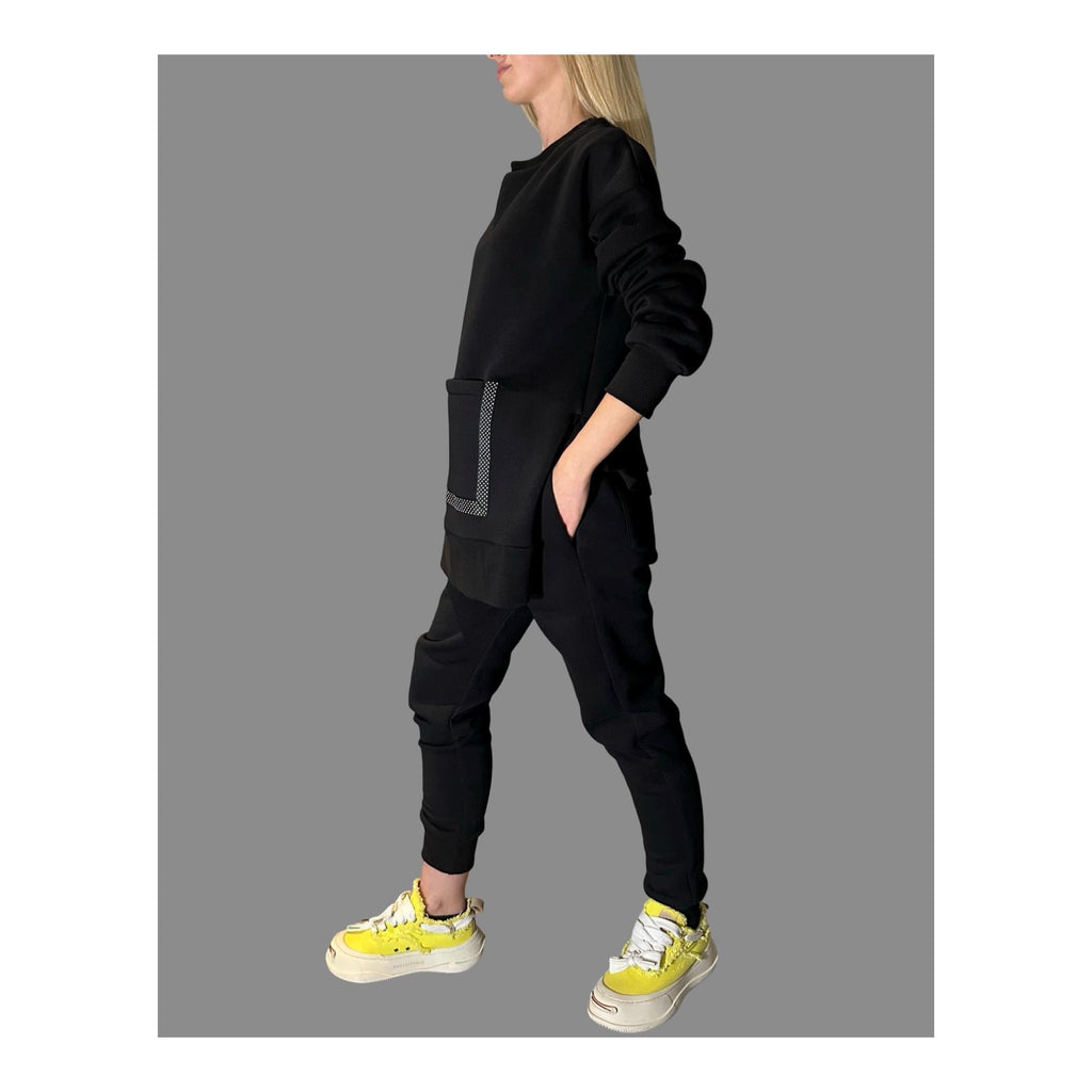 Women’s Winter Fleece Set – Asymmetric Sweatshirt & High-Waisted Joggers / Thick Three-Thread Cotton Tracksuit / Warm Black Two-Piece Outfit