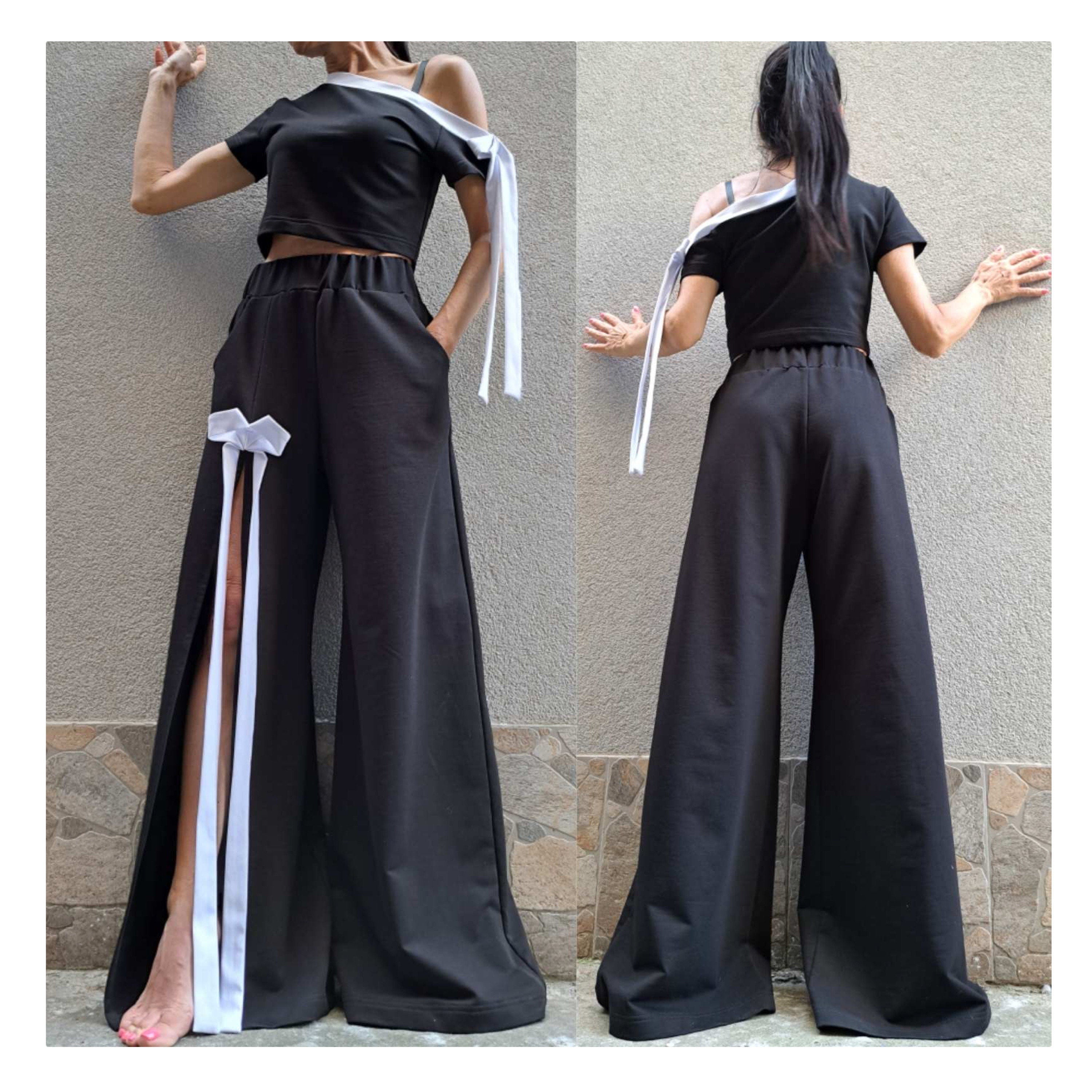 Asymmetric Black Cotton Set with Bow Detail – One Shoulder Top & High Waist Wide Leg Pants