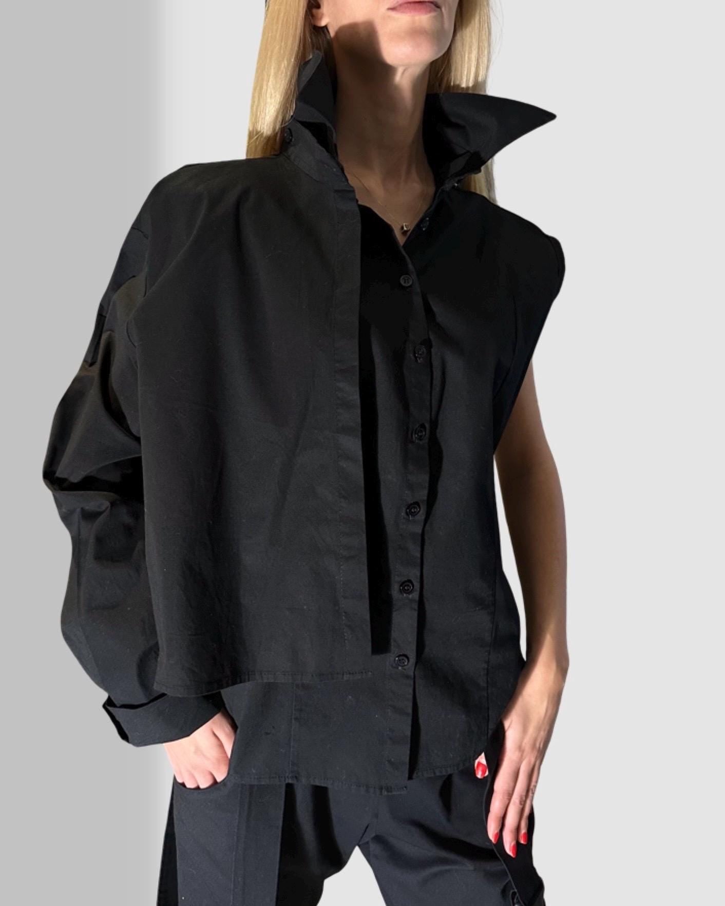 Avant-Garde Black Women’s Shirt / Two-Piece Sleeveless Shirt with Detachable Long Sleeve / Designer Statement Top