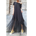 Black Asymmetrical Tulle Dress – Oversized Cotton Maxi Dress with Mesh Hem / Avant-Garde Loose Dress / Short Sleeve Kaftan  XS–5XL