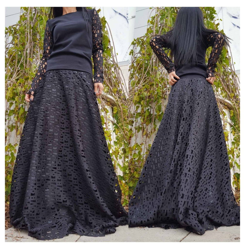 Black Neoprene Maxi Skirt – High Waist Flared Skirt with Elastic Waistband / Laser-Cut Pattern /Gothic Elegant A-Line Skirt