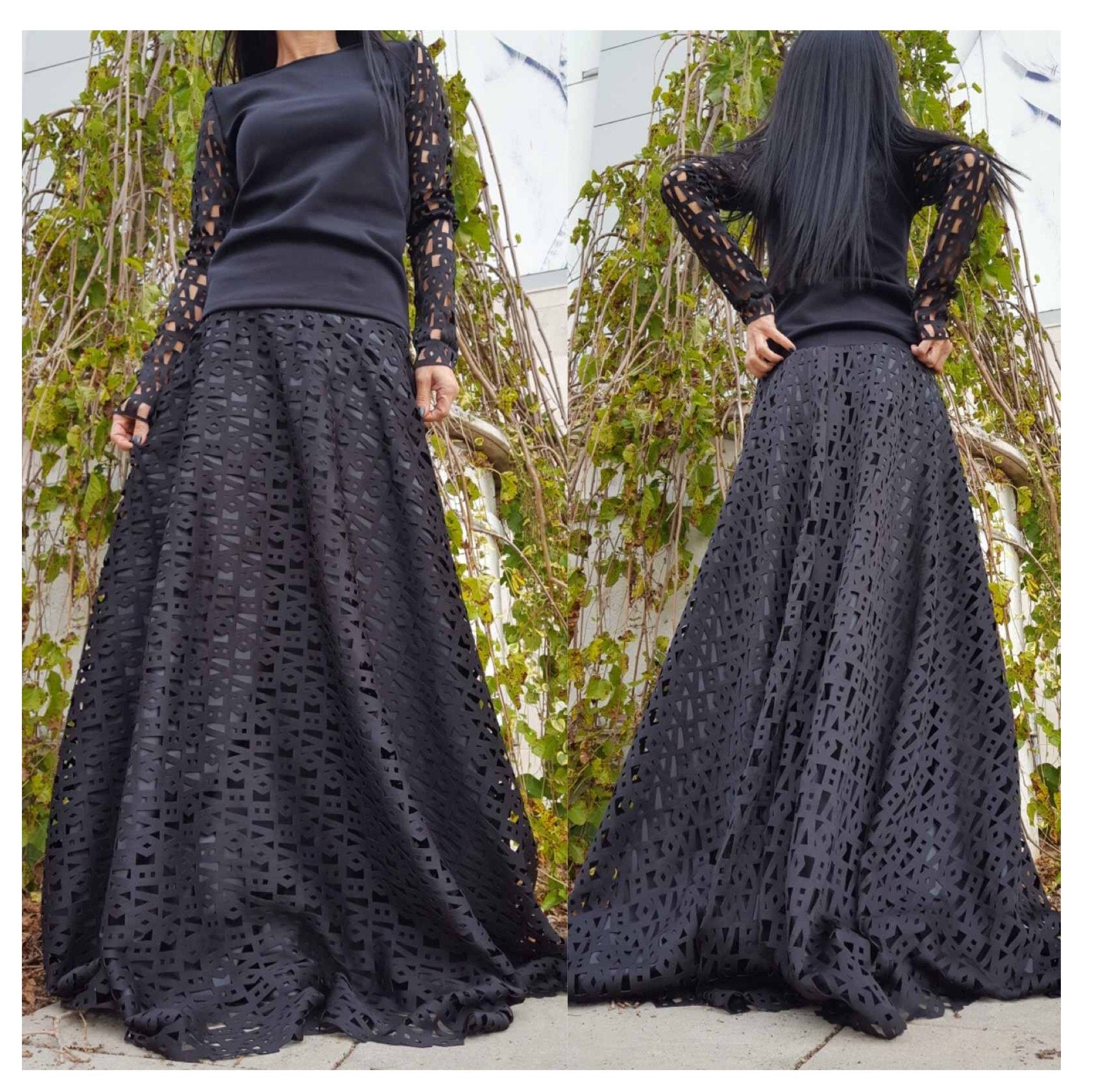 Black Neoprene Maxi Skirt – High Waist Flared Skirt with Elastic Waistband / Laser-Cut Pattern /Gothic Elegant A-Line Skirt
