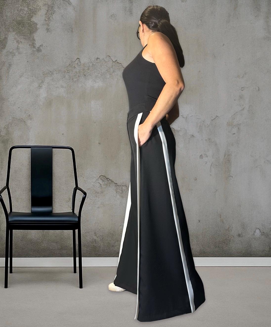 Black Wide Leg Pants for Women – High Waist Trousers with White Side Stripe / Sporty Chic Maxi Pants with Pockets