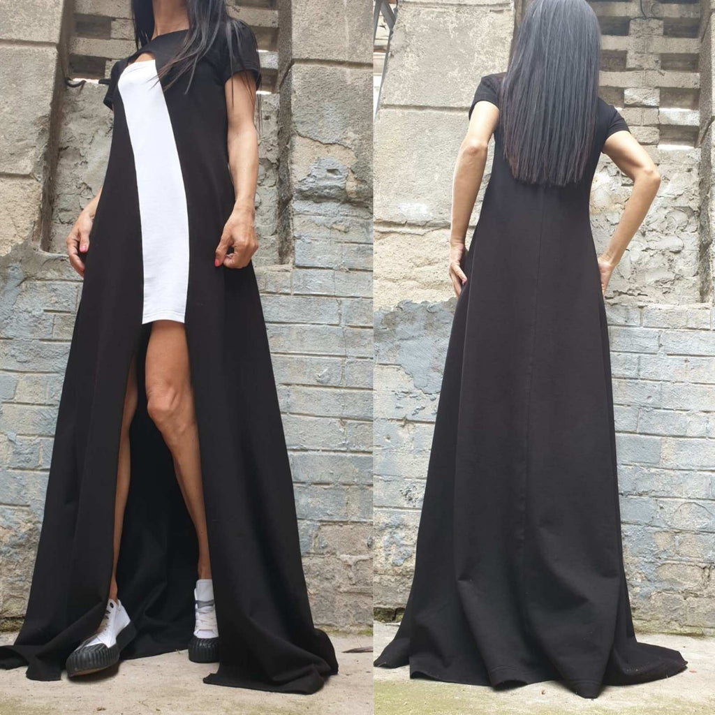 Asymmetric Maxi Black Dress – Long Cotton Dress with Side Slit / Urban Elegant Evening Dress / Short Sleeve Summer Dress